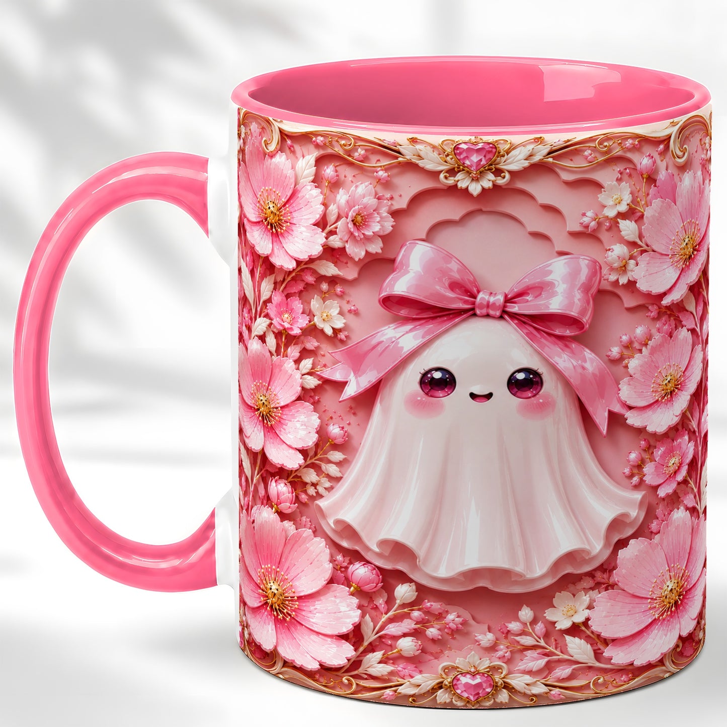 #pl[11oz|Pink] Pink Ghost Coffee Mug, Floral Bow Mug, Ceramic Cup with Garden Art