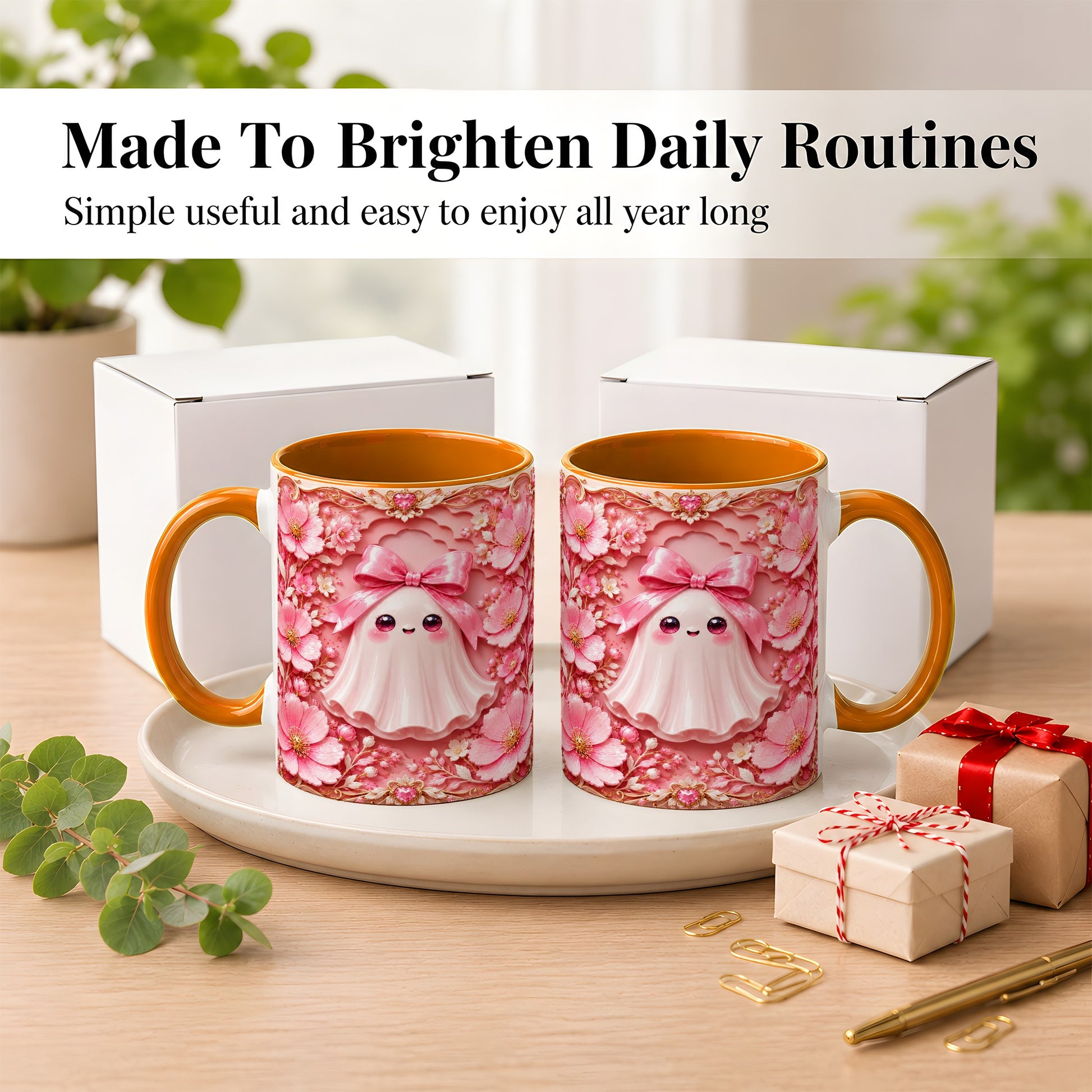 #pl[11oz|Orange] Pink Ghost Coffee Mug, Floral Bow Mug, Ceramic Cup with Garden Art