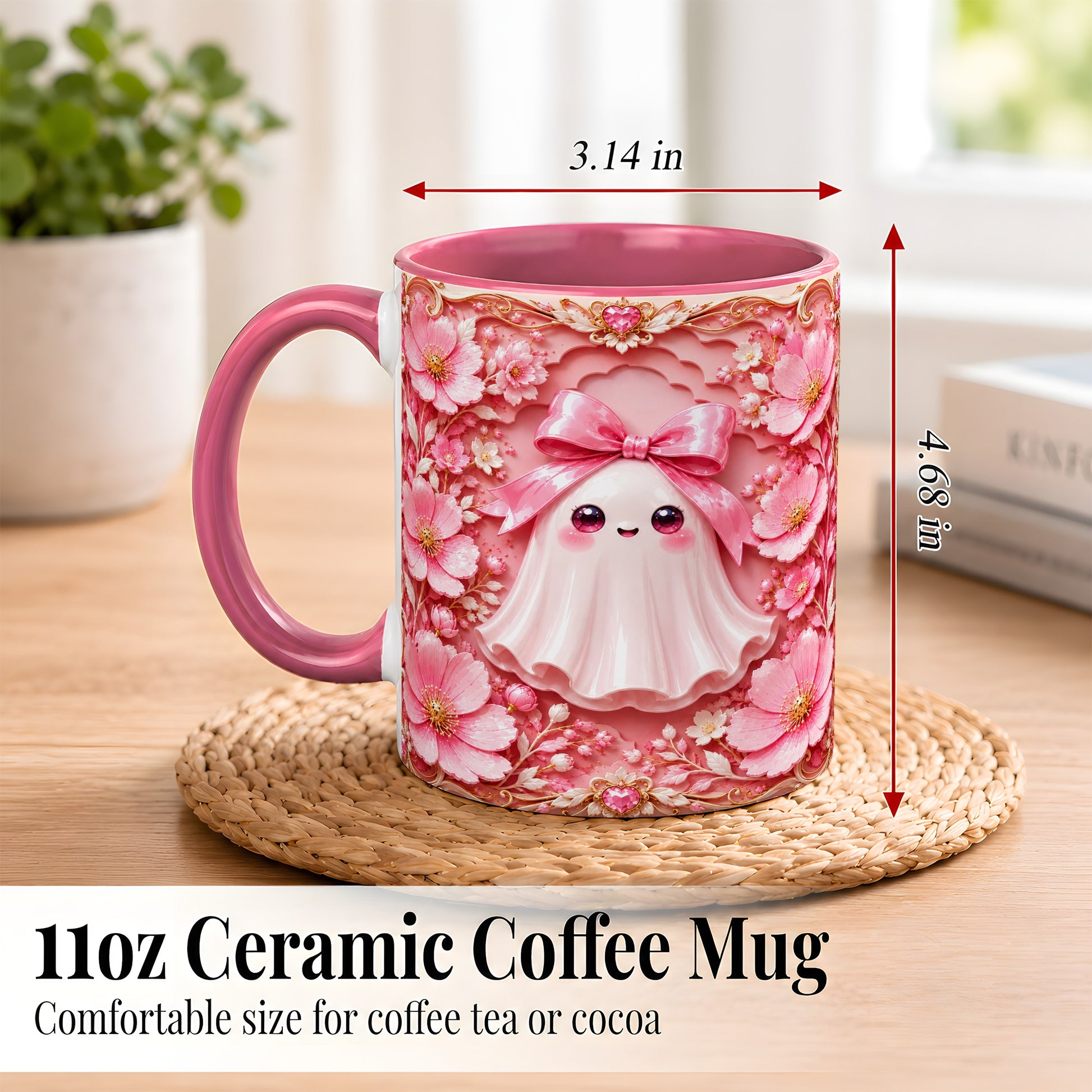 #pl[11oz|Pink] Pink Ghost Coffee Mug, Floral Bow Mug, Ceramic Cup with Garden Art