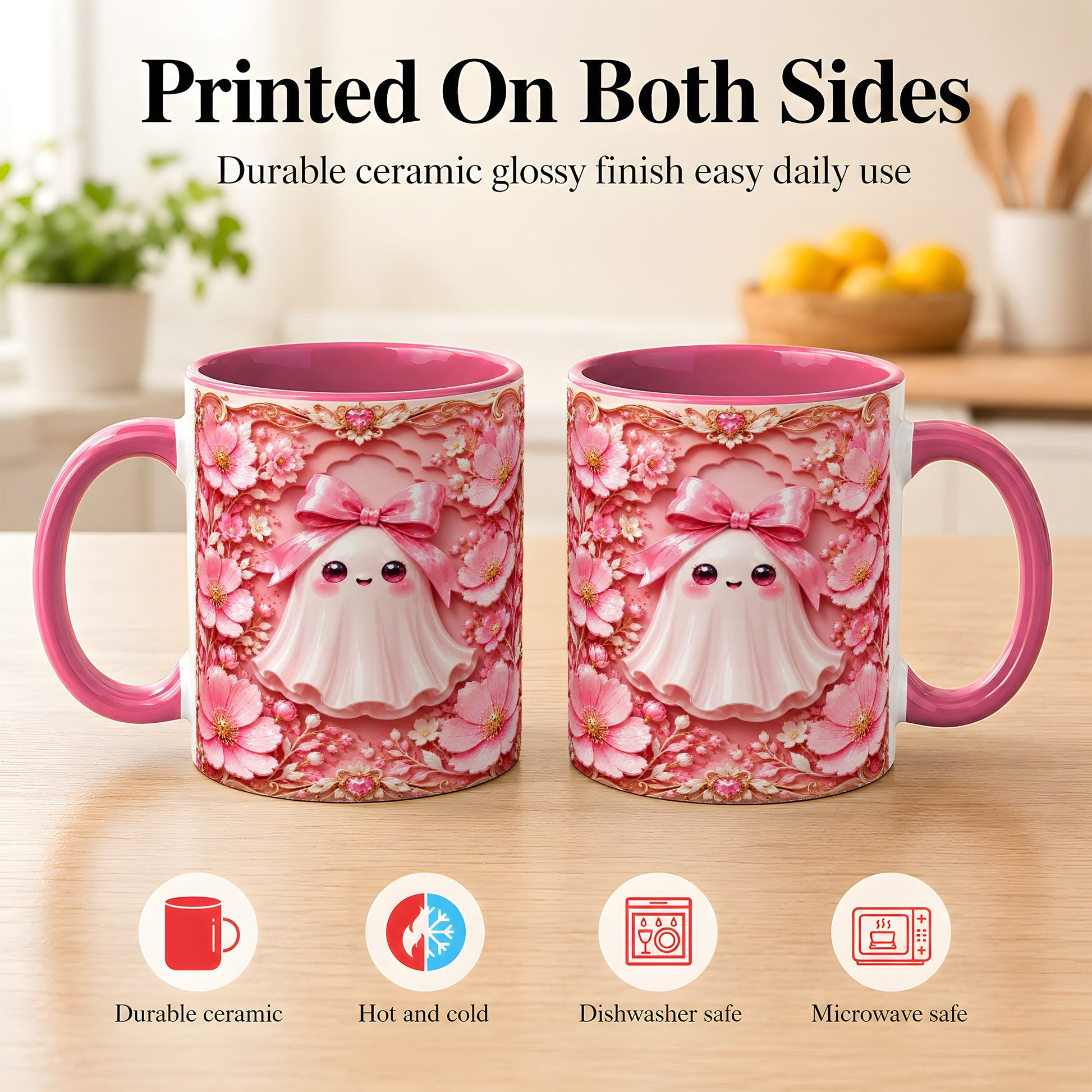 #pl[11oz|Pink] Pink Ghost Coffee Mug, Floral Bow Mug, Ceramic Cup with Garden Art