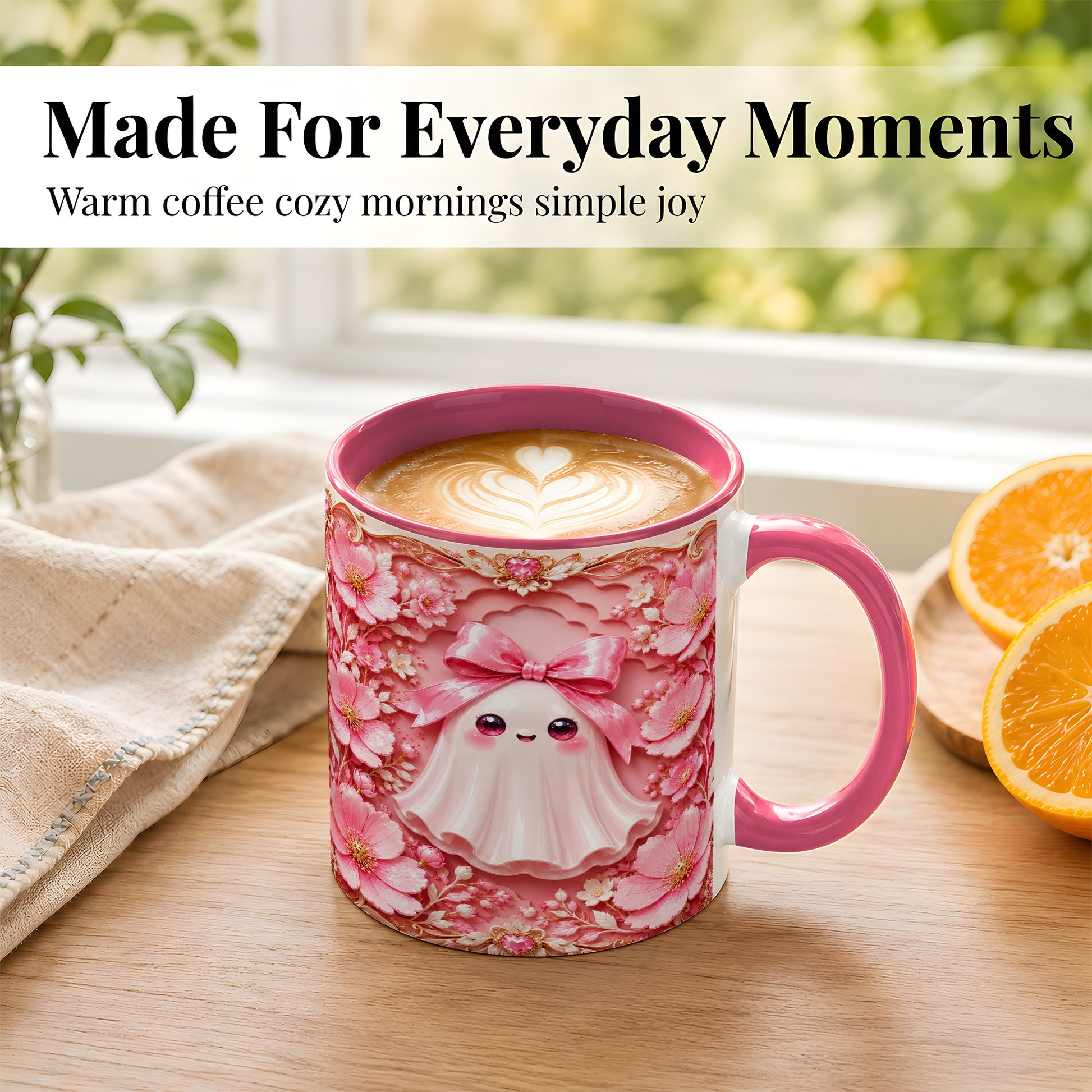 #pl[11oz|Pink] Pink Ghost Coffee Mug, Floral Bow Mug, Ceramic Cup with Garden Art