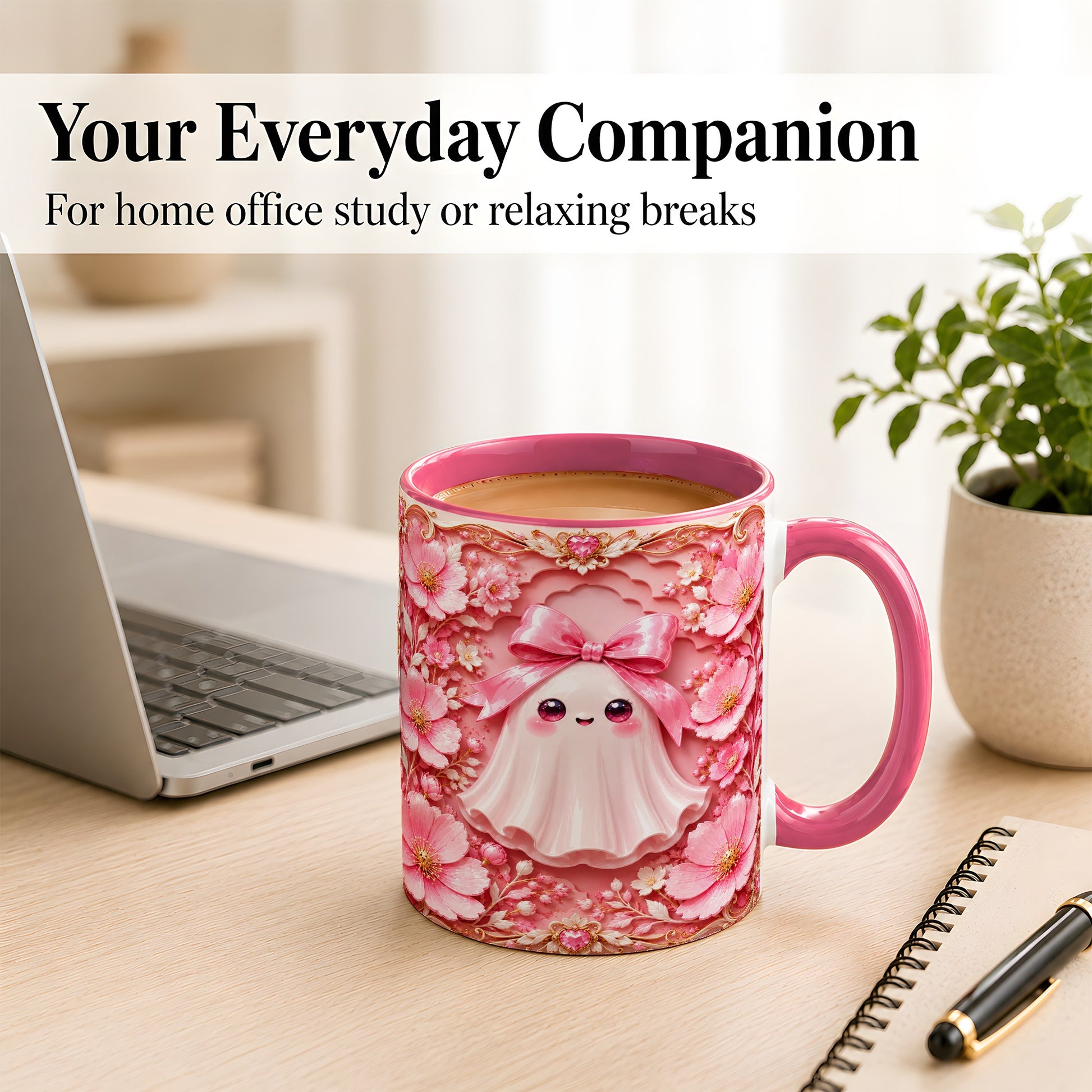 #pl[11oz|Pink] Pink Ghost Coffee Mug, Floral Bow Mug, Ceramic Cup with Garden Art