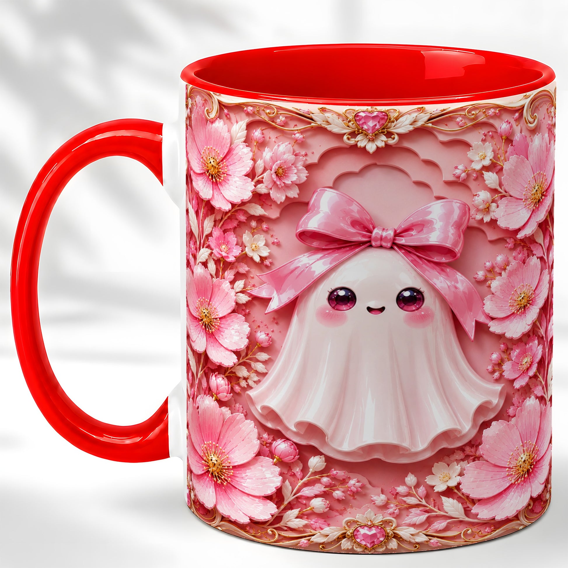 #pl[11oz|Red] Pink Ghost Coffee Mug, Floral Bow Mug, Ceramic Cup with Garden Art