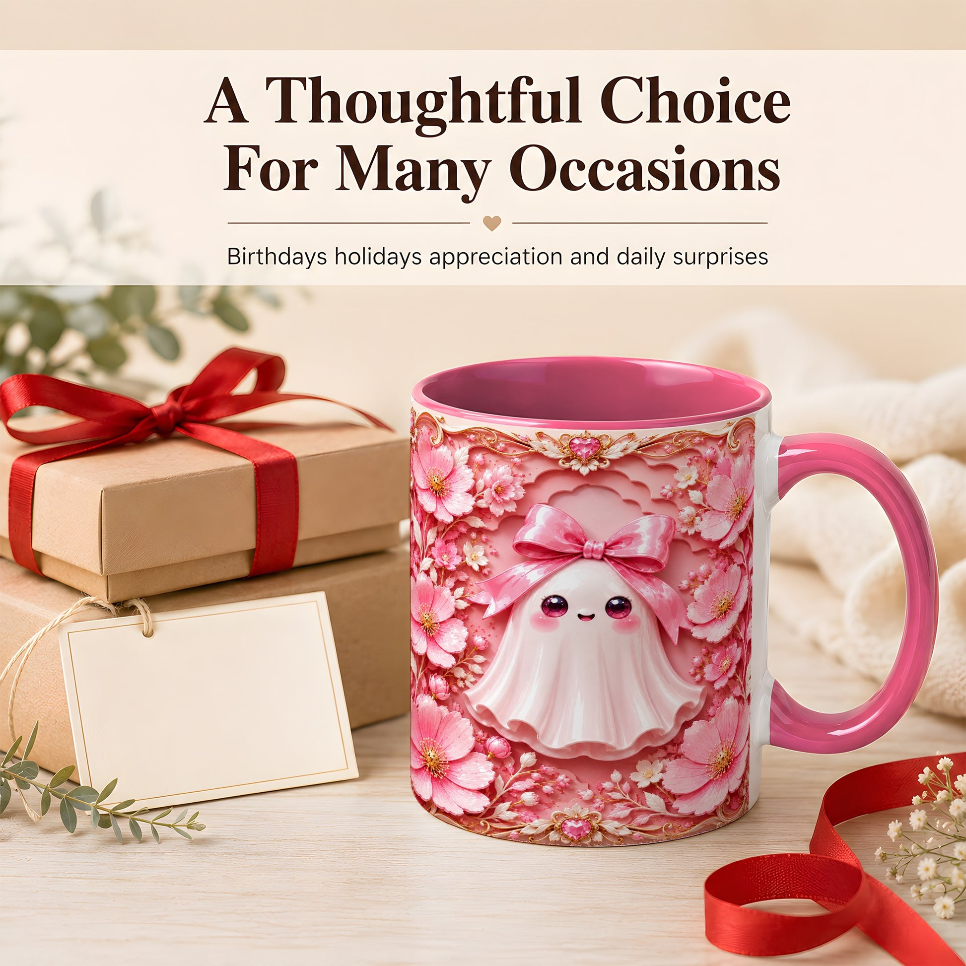 #pl[11oz|Pink] Pink Ghost Coffee Mug, Floral Bow Mug, Ceramic Cup with Garden Art