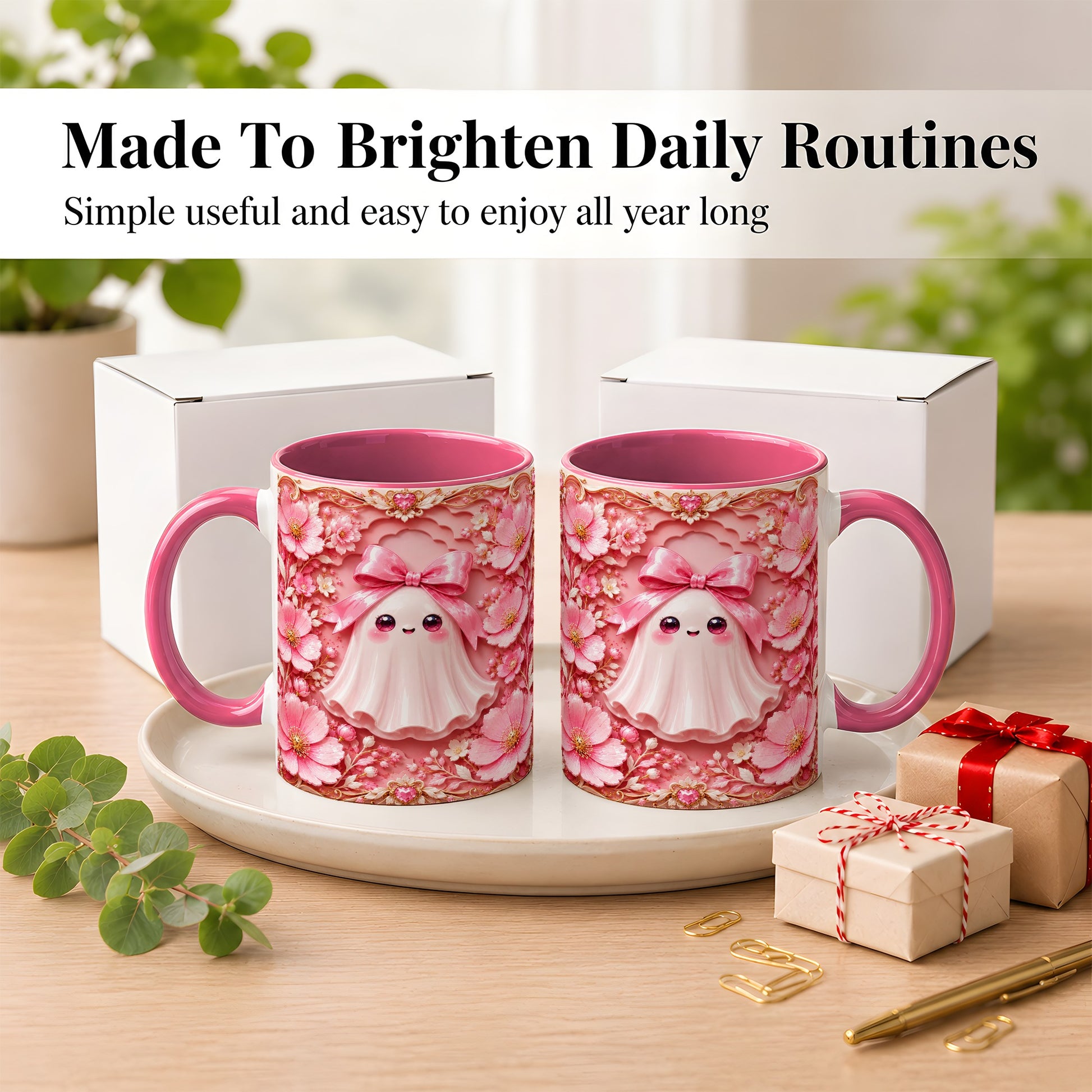 #pl[11oz|Pink] Pink Ghost Coffee Mug, Floral Bow Mug, Ceramic Cup with Garden Art