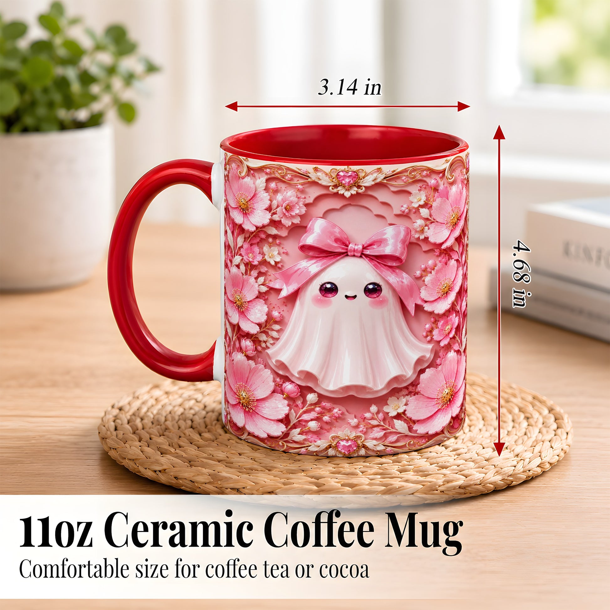 #pl[11oz|Red] Pink Ghost Coffee Mug, Floral Bow Mug, Ceramic Cup with Garden Art