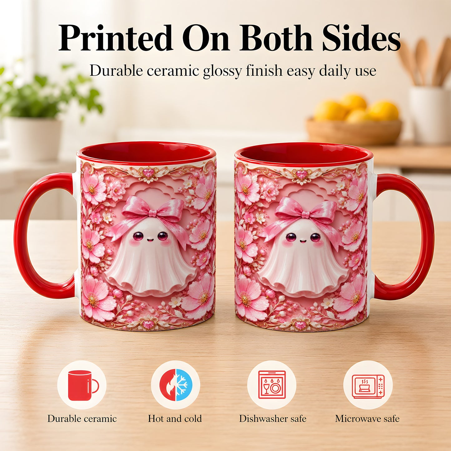 #pl[11oz|Red] Pink Ghost Coffee Mug, Floral Bow Mug, Ceramic Cup with Garden Art