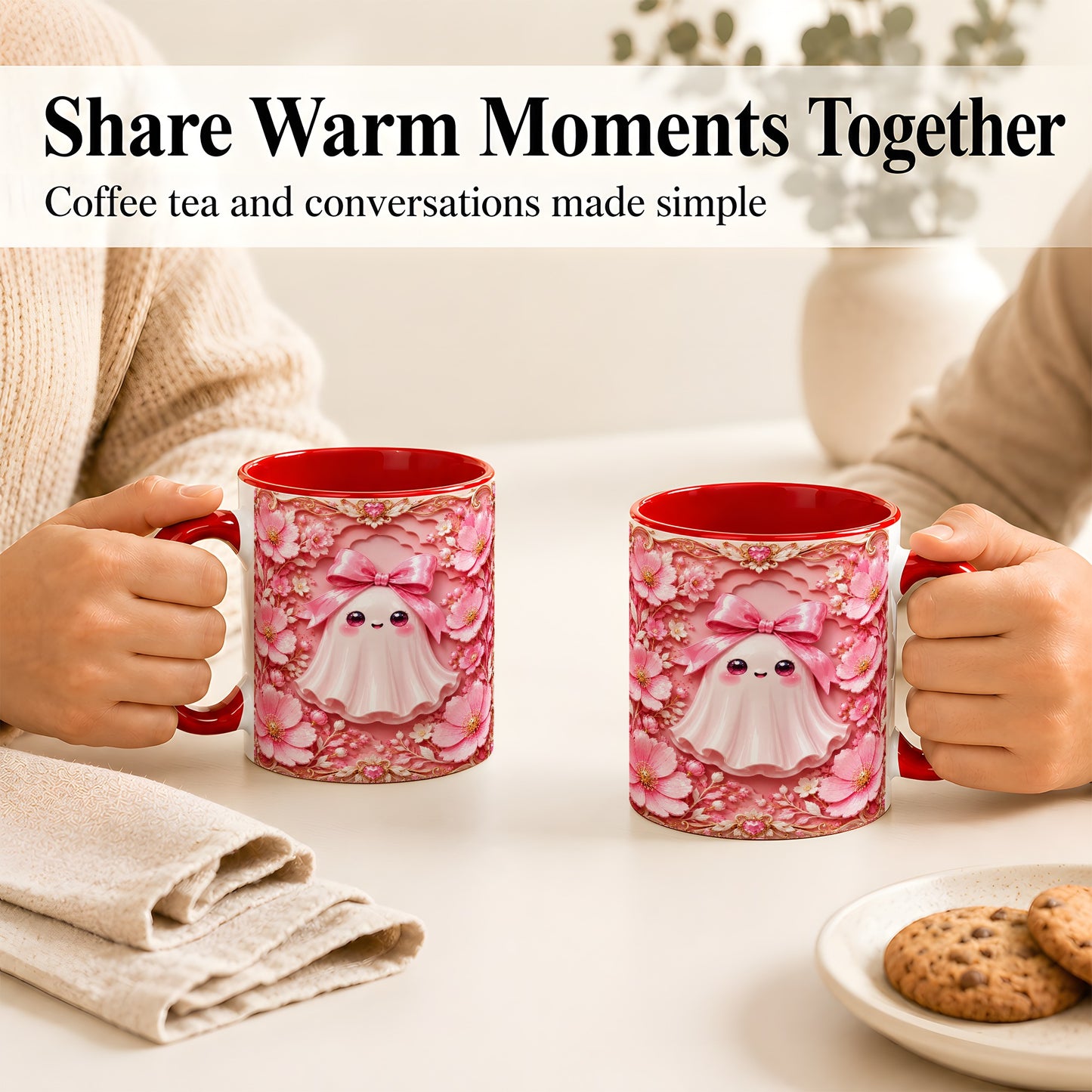 #pl[11oz|Red] Pink Ghost Coffee Mug, Floral Bow Mug, Ceramic Cup with Garden Art