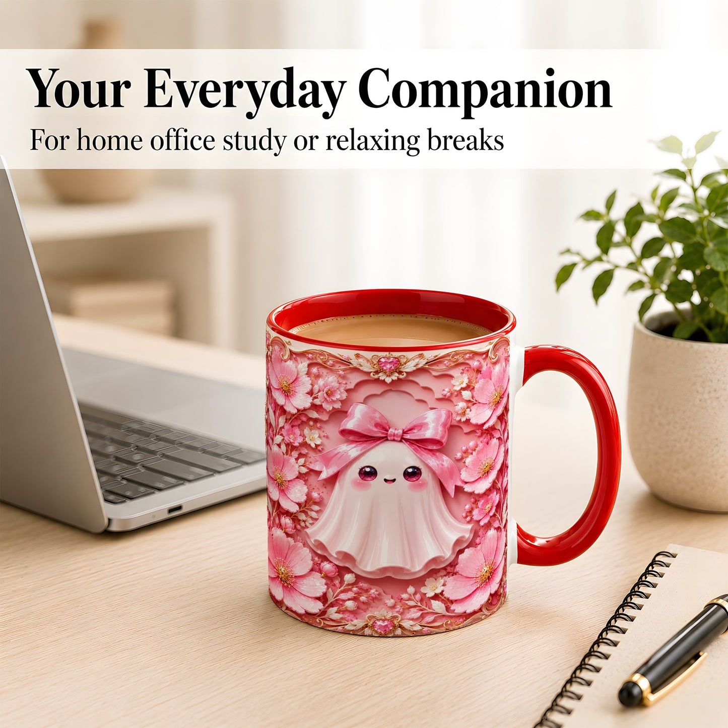 #pl[11oz|Red] Pink Ghost Coffee Mug, Floral Bow Mug, Ceramic Cup with Garden Art