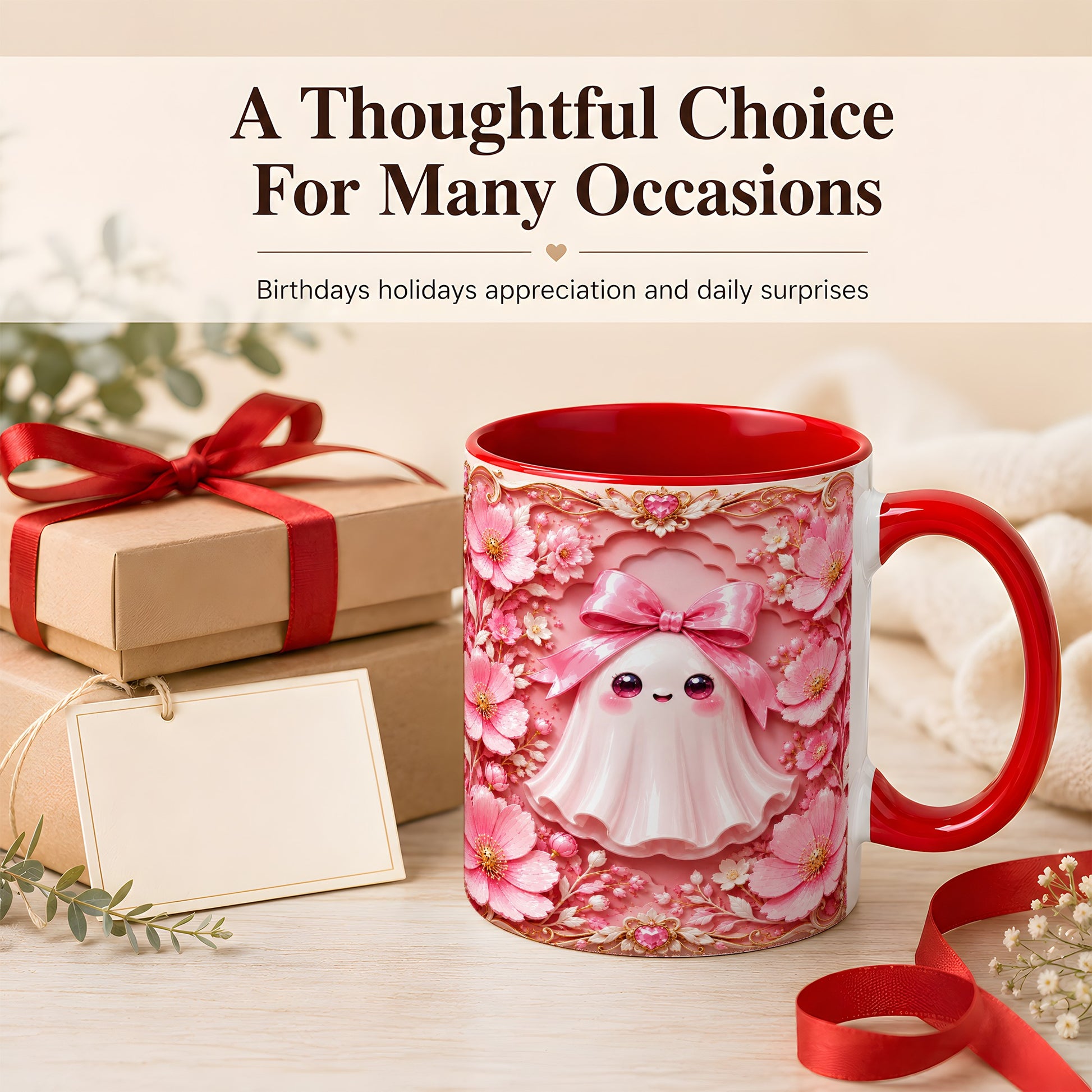 #pl[11oz|Red] Pink Ghost Coffee Mug, Floral Bow Mug, Ceramic Cup with Garden Art