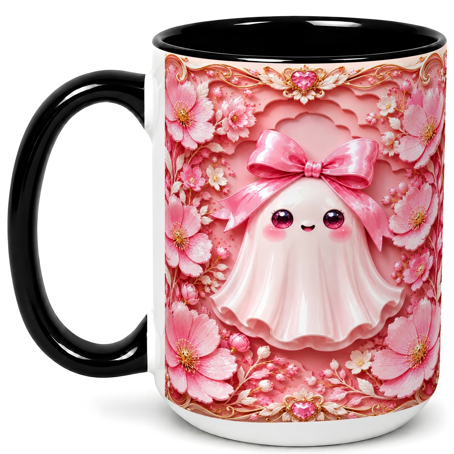 #pl[15oz|Black] Pink Ghost Coffee Mug, Floral Bow Mug, Ceramic Cup with Garden Art