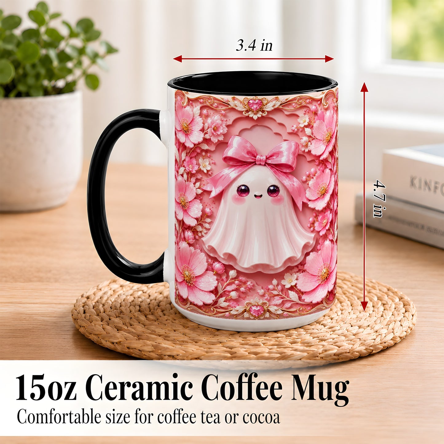 #pl[15oz|Black] Pink Ghost Coffee Mug, Floral Bow Mug, Ceramic Cup with Garden Art