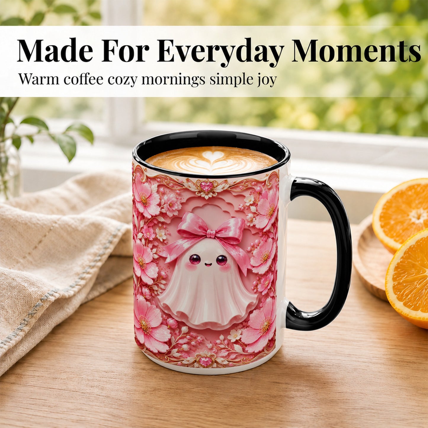 #pl[15oz|Black] Pink Ghost Coffee Mug, Floral Bow Mug, Ceramic Cup with Garden Art
