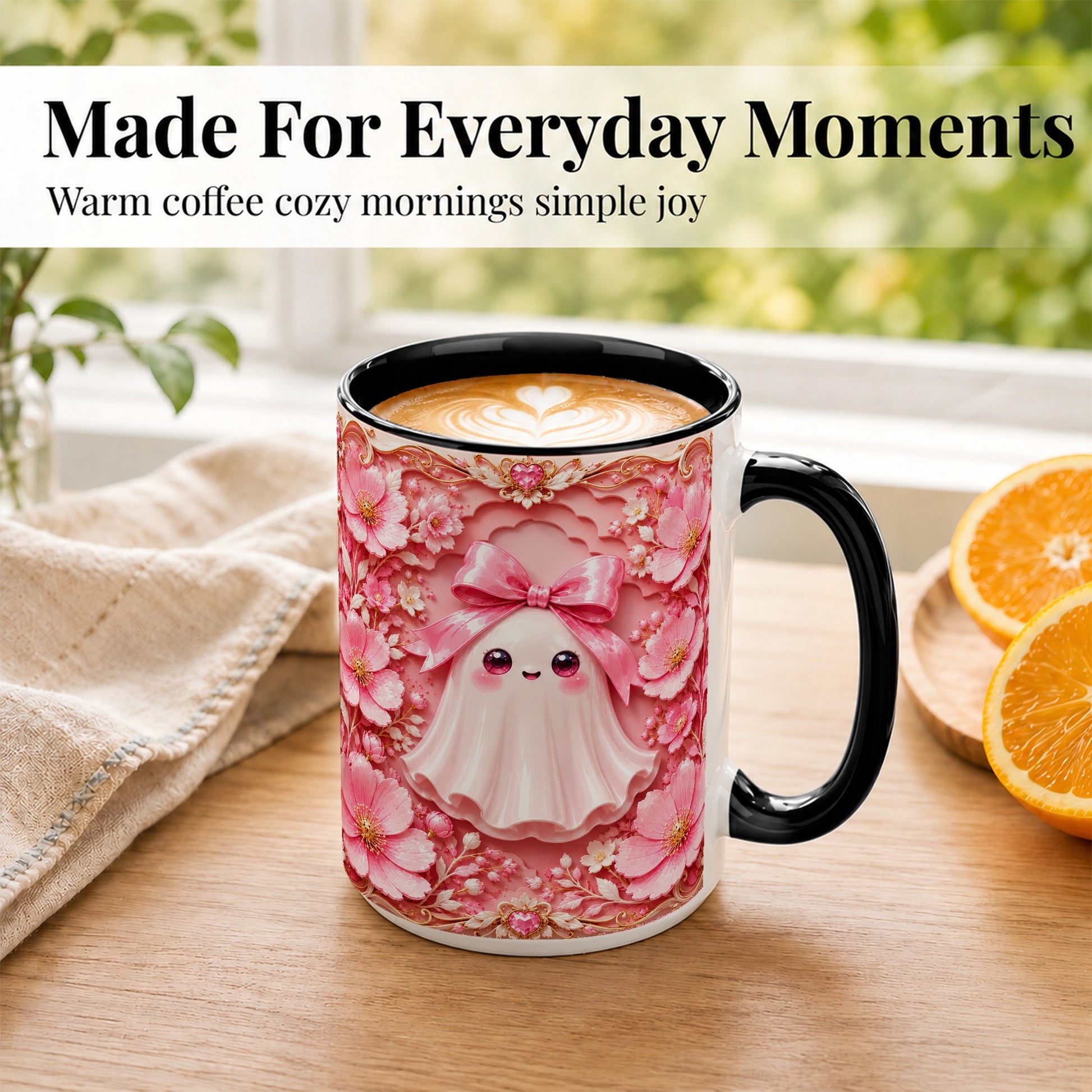 #pl[15oz|Black] Pink Ghost Coffee Mug, Floral Bow Mug, Ceramic Cup with Garden Art