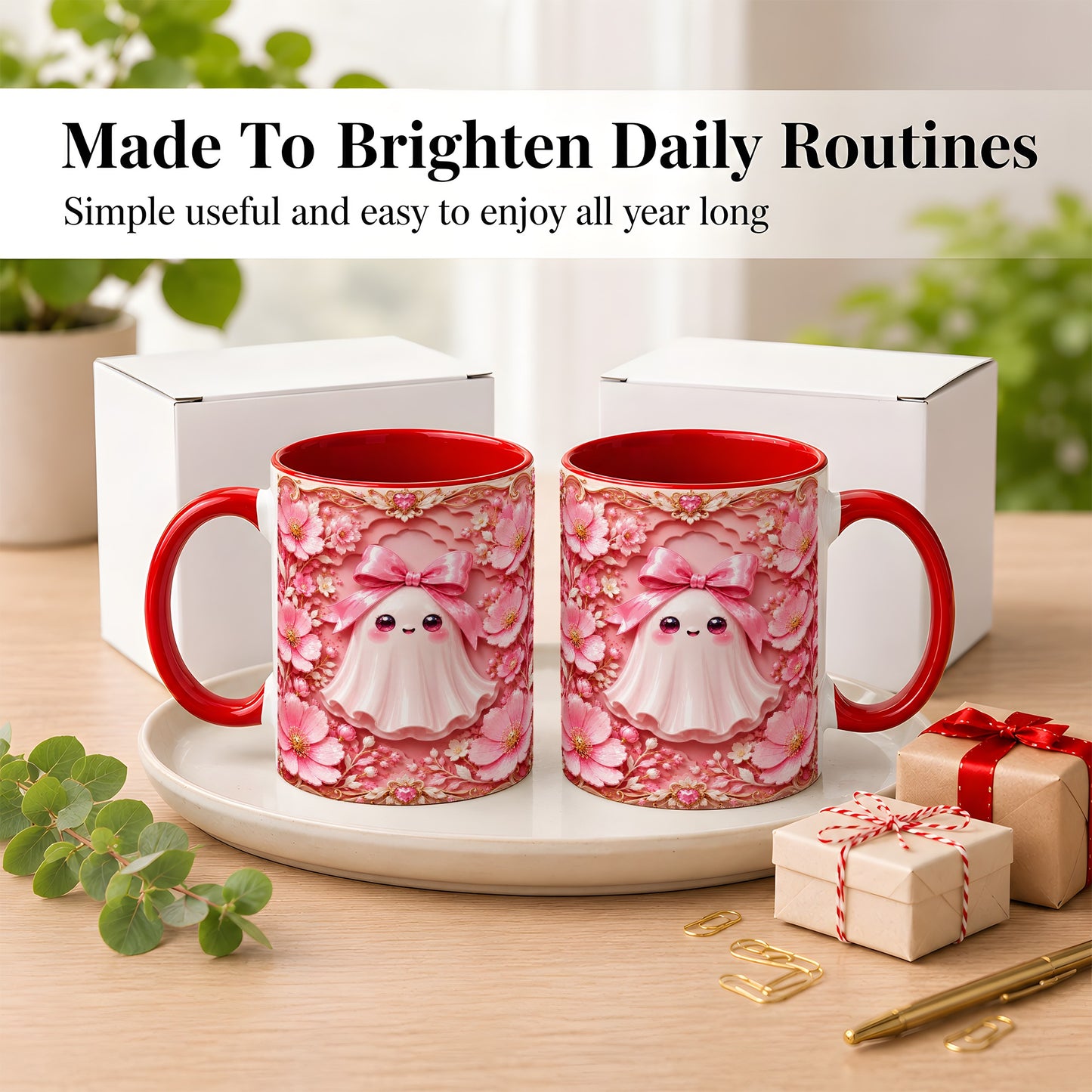 #pl[11oz|Red] Pink Ghost Coffee Mug, Floral Bow Mug, Ceramic Cup with Garden Art