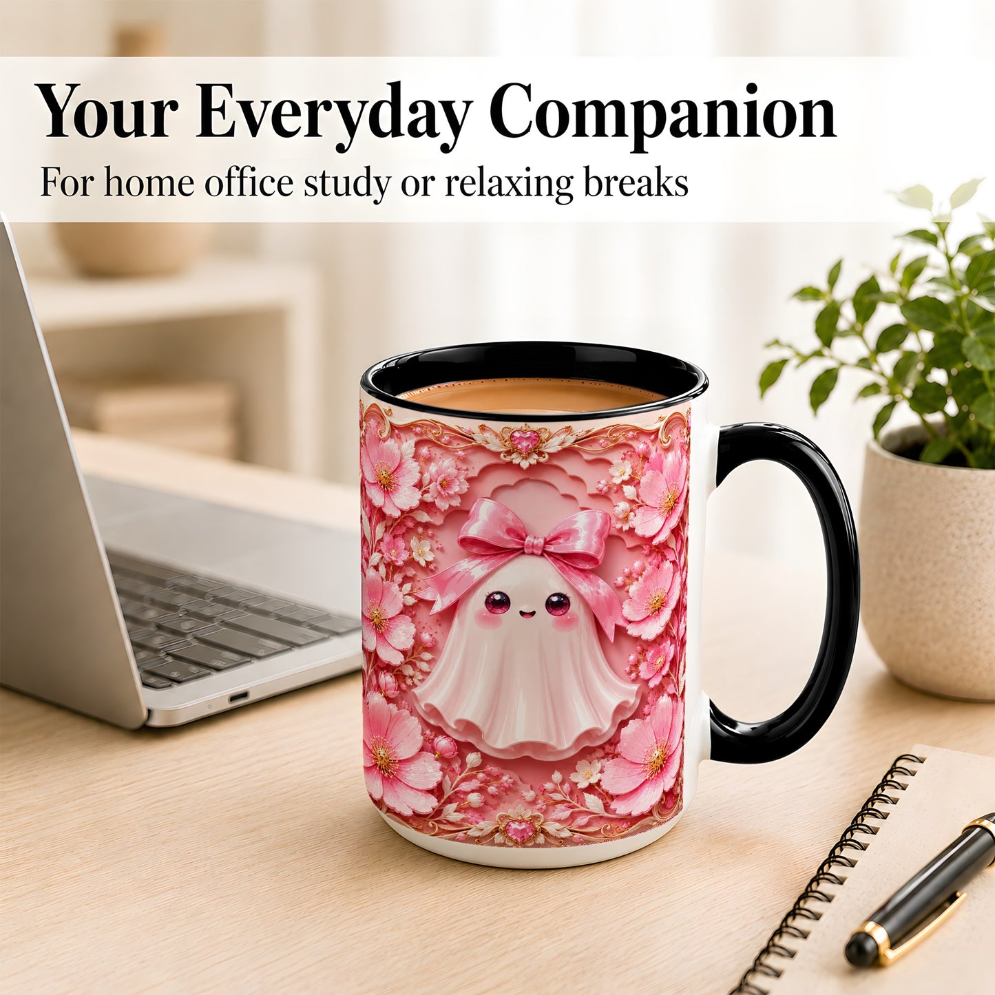 #pl[15oz|Black] Pink Ghost Coffee Mug, Floral Bow Mug, Ceramic Cup with Garden Art
