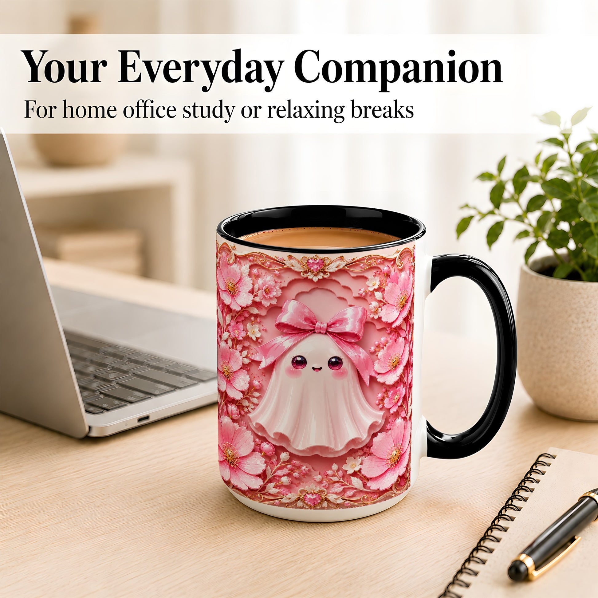 #pl[15oz|Black] Pink Ghost Coffee Mug, Floral Bow Mug, Ceramic Cup with Garden Art