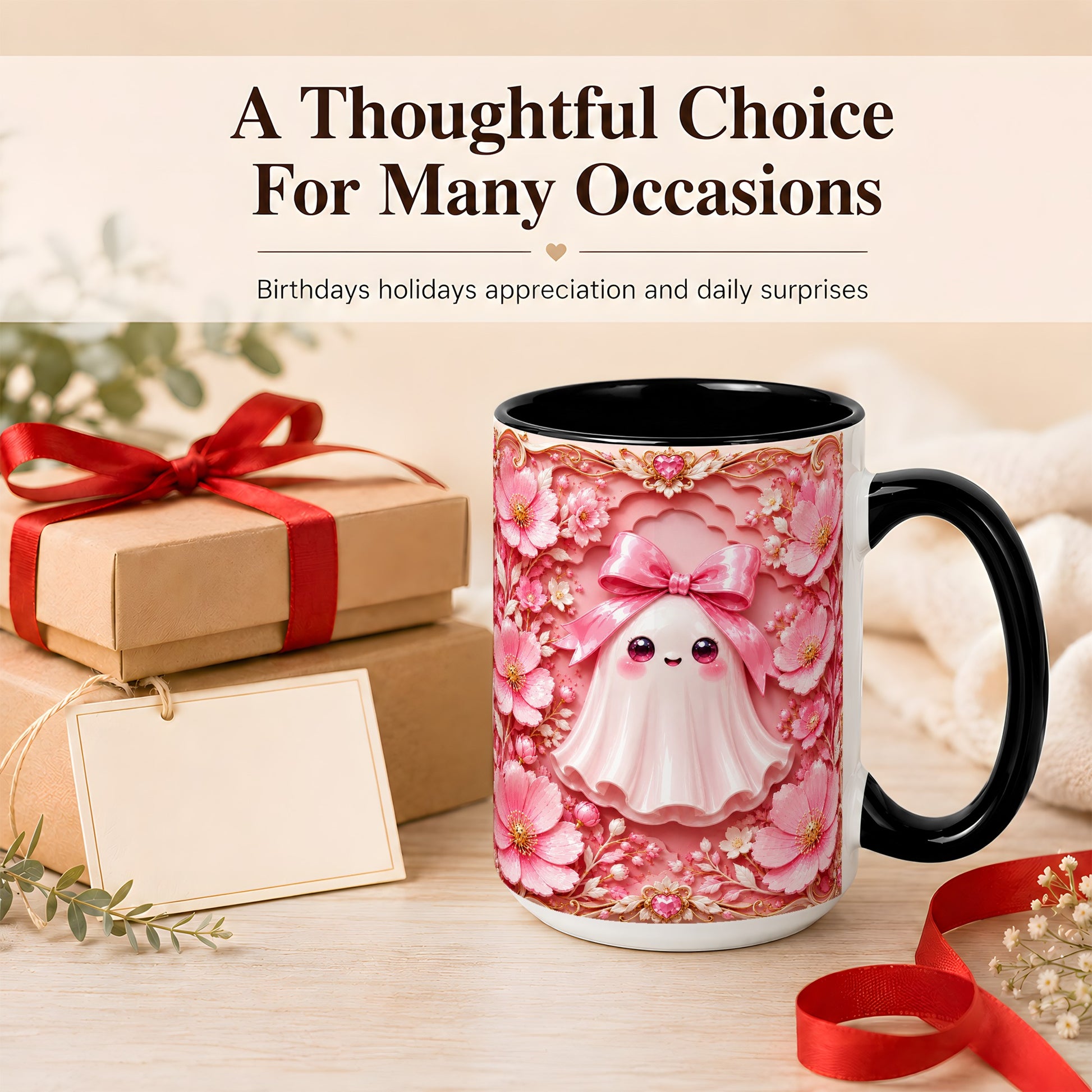 #pl[15oz|Black] Pink Ghost Coffee Mug, Floral Bow Mug, Ceramic Cup with Garden Art