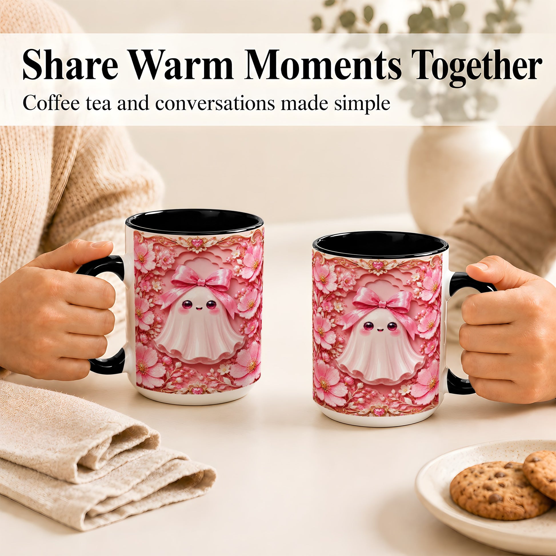 #pl[15oz|Black] Pink Ghost Coffee Mug, Floral Bow Mug, Ceramic Cup with Garden Art