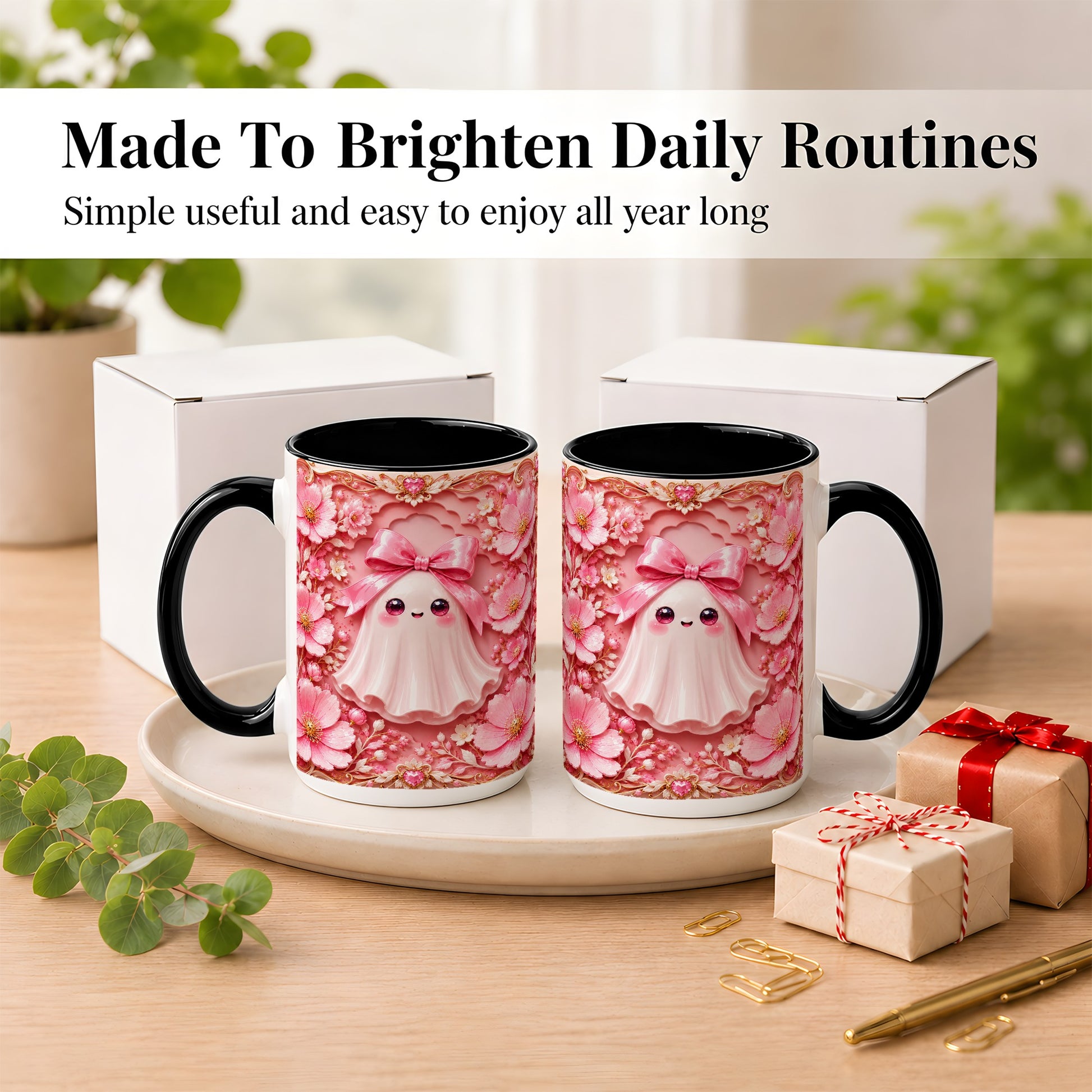 #pl[15oz|Black] Pink Ghost Coffee Mug, Floral Bow Mug, Ceramic Cup with Garden Art