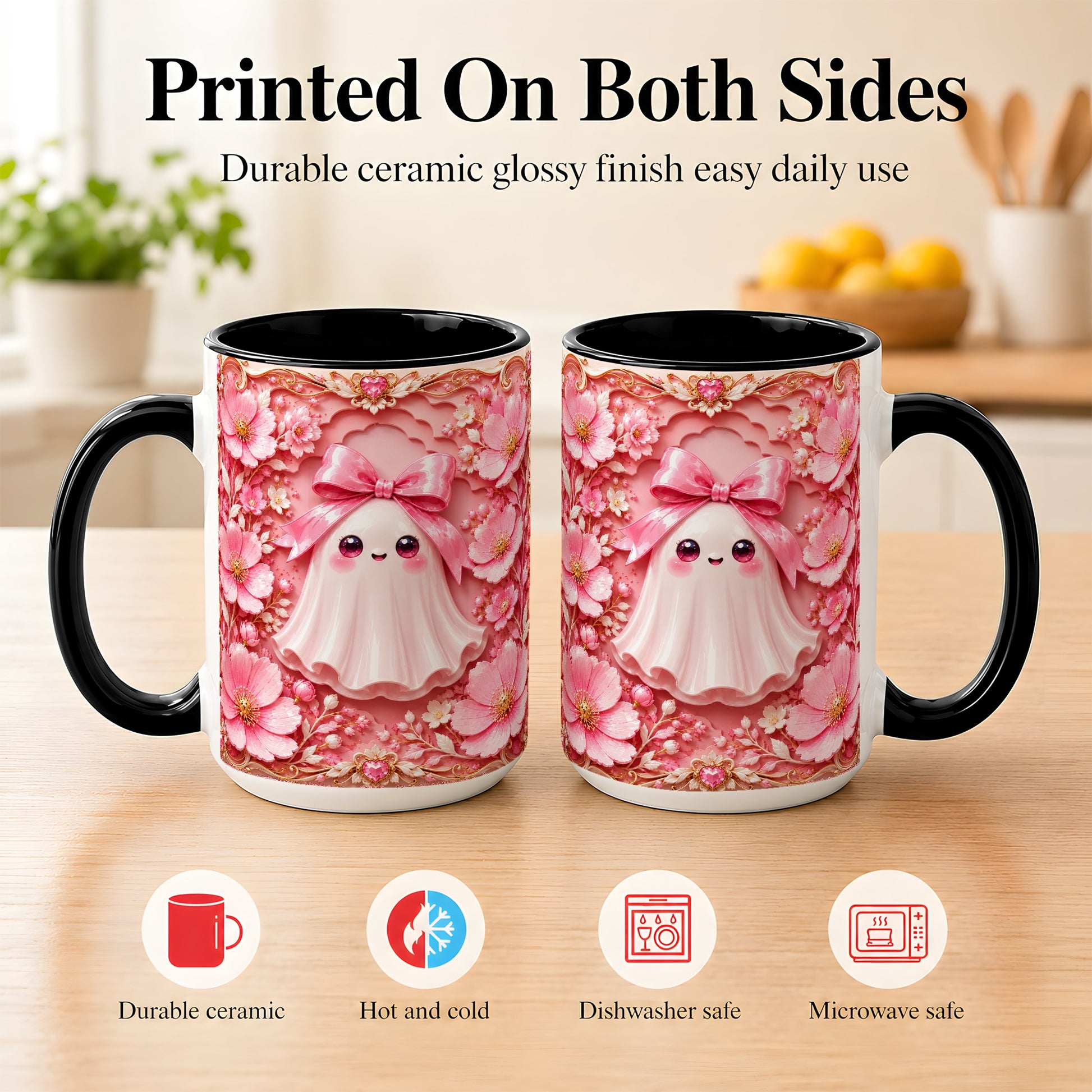 #pl[15oz|Black] Pink Ghost Coffee Mug, Floral Bow Mug, Ceramic Cup with Garden Art
