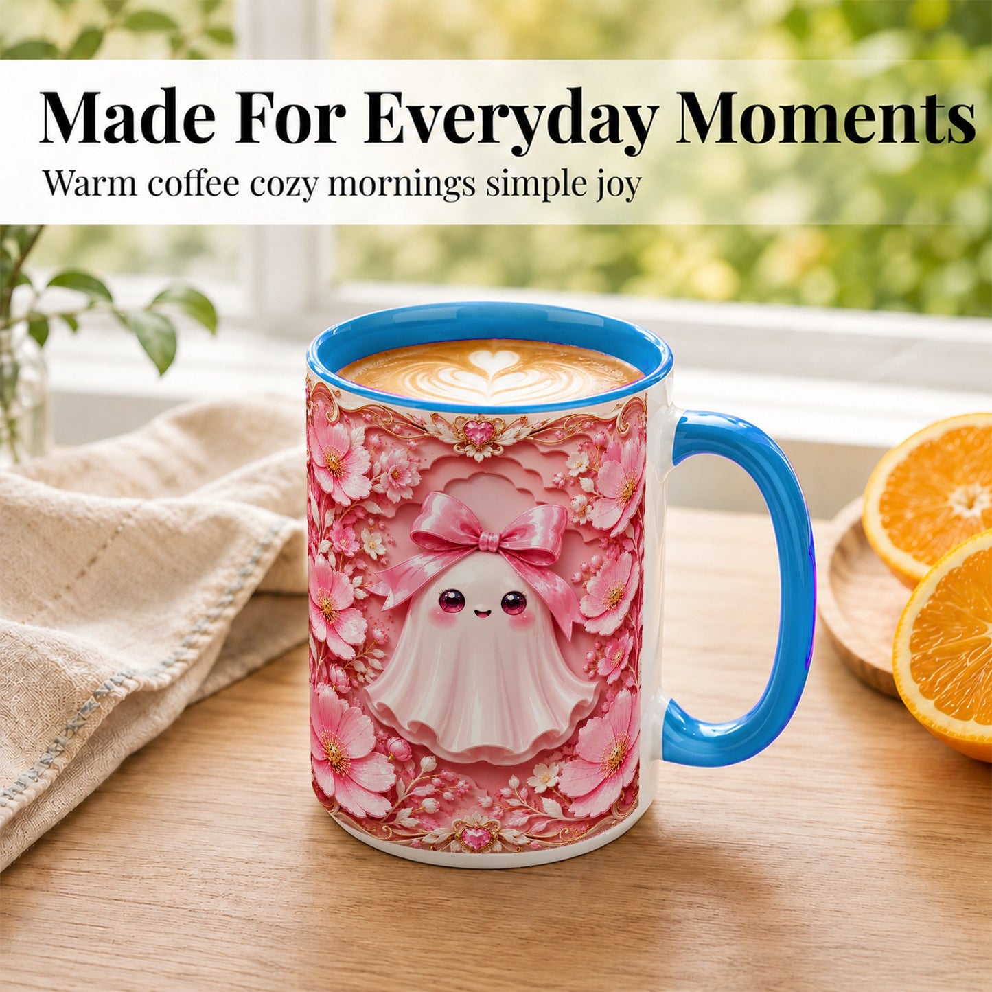 #pl[15oz|Blue] Pink Ghost Coffee Mug, Floral Bow Mug, Ceramic Cup with Garden Art