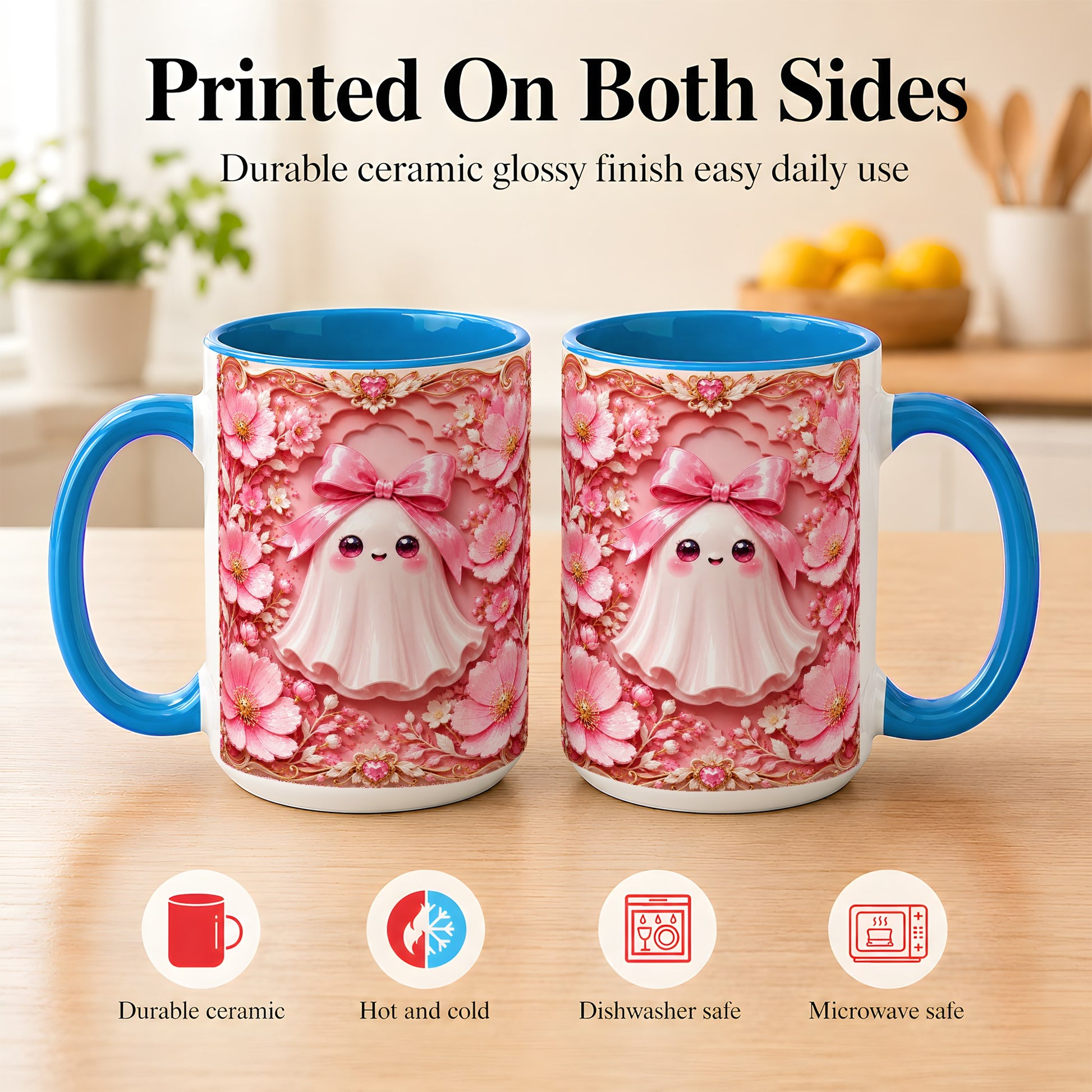 #pl[15oz|Blue] Pink Ghost Coffee Mug, Floral Bow Mug, Ceramic Cup with Garden Art