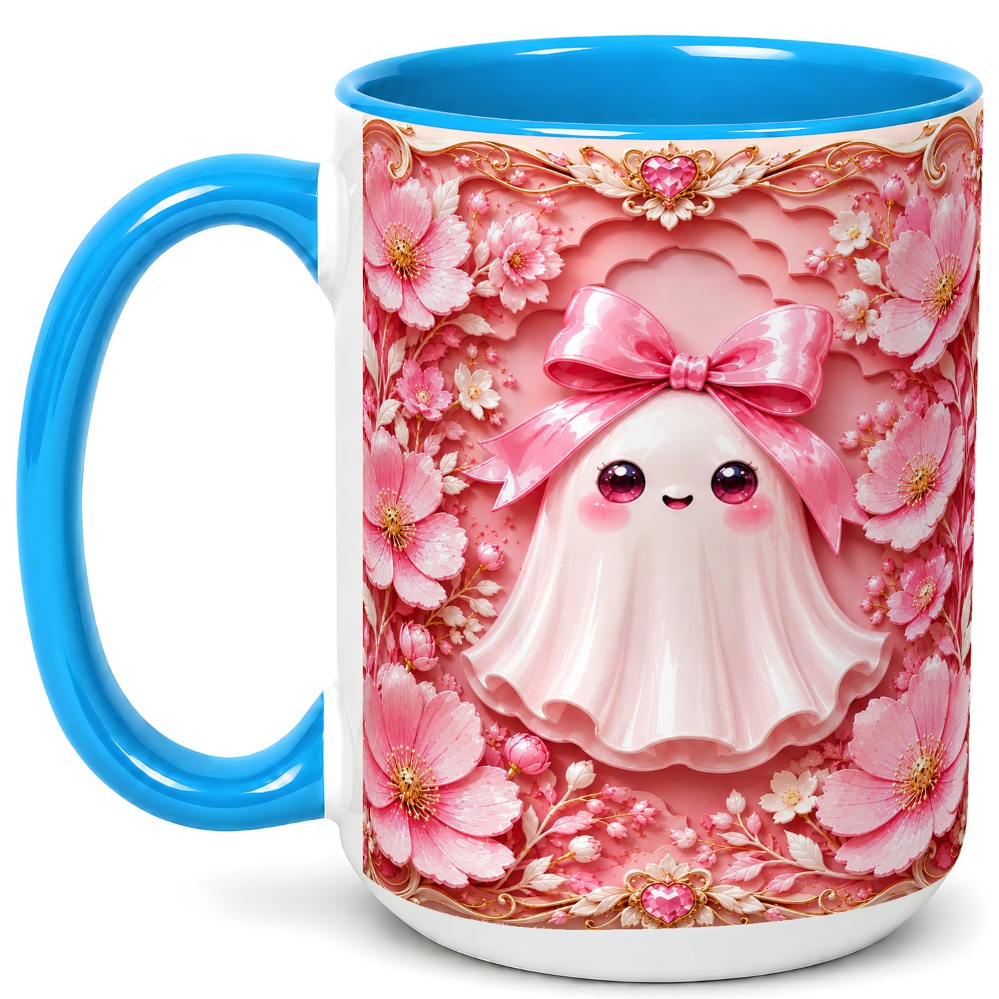 #pl[15oz|Blue] Pink Ghost Coffee Mug, Floral Bow Mug, Ceramic Cup with Garden Art
