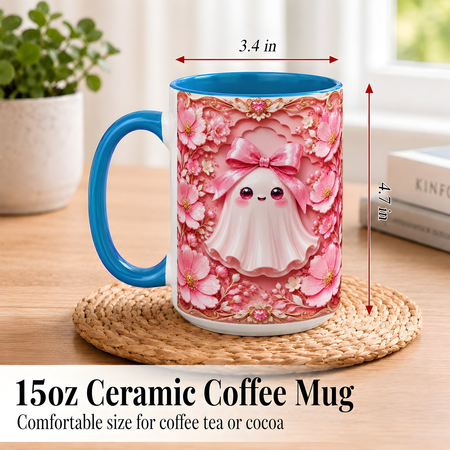 #pl[15oz|Blue] Pink Ghost Coffee Mug, Floral Bow Mug, Ceramic Cup with Garden Art