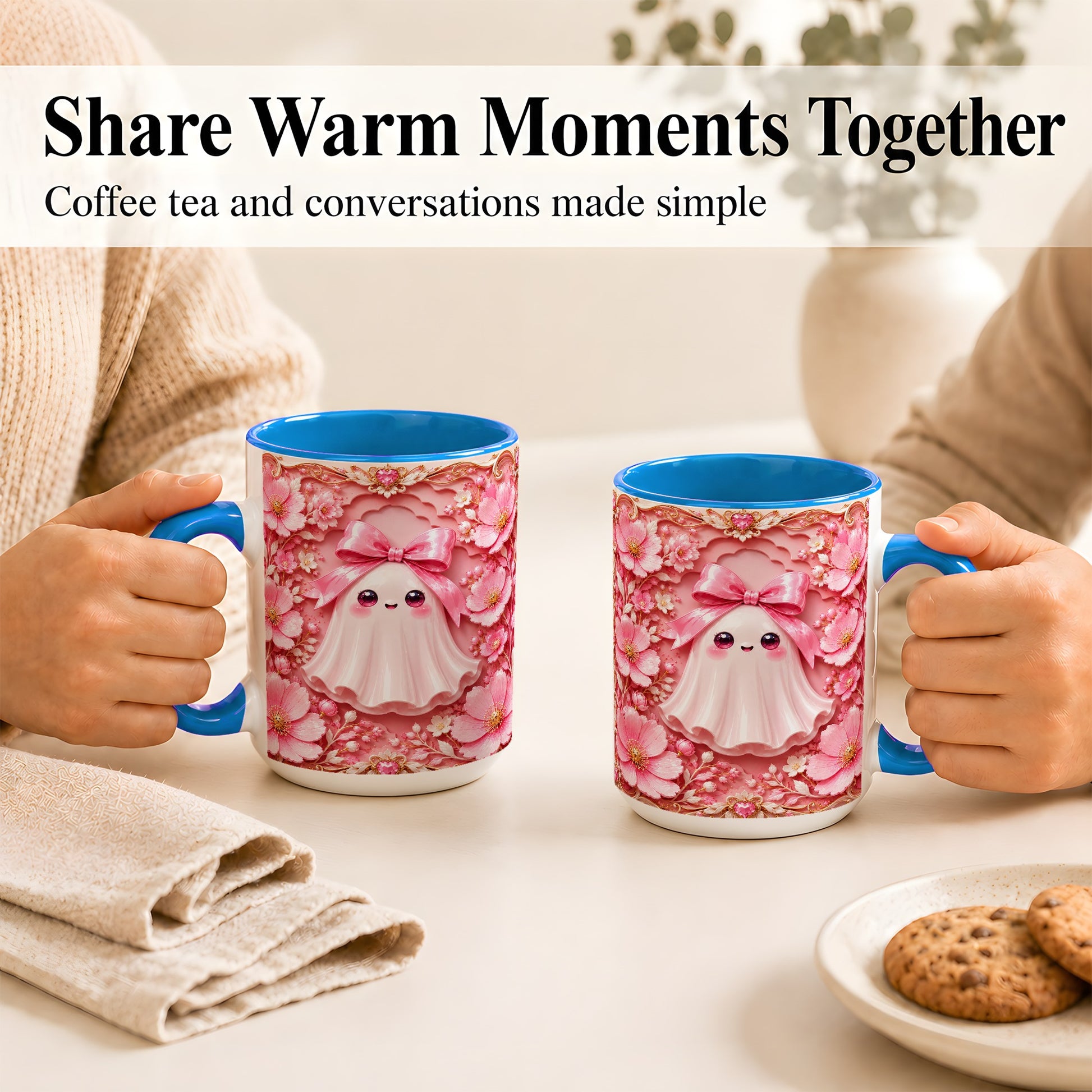 #pl[15oz|Blue] Pink Ghost Coffee Mug, Floral Bow Mug, Ceramic Cup with Garden Art
