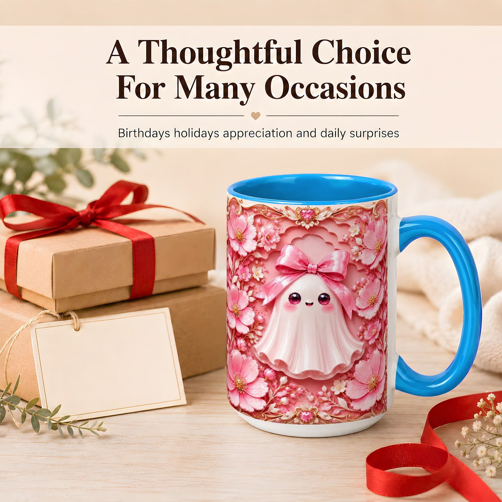 #pl[15oz|Blue] Pink Ghost Coffee Mug, Floral Bow Mug, Ceramic Cup with Garden Art
