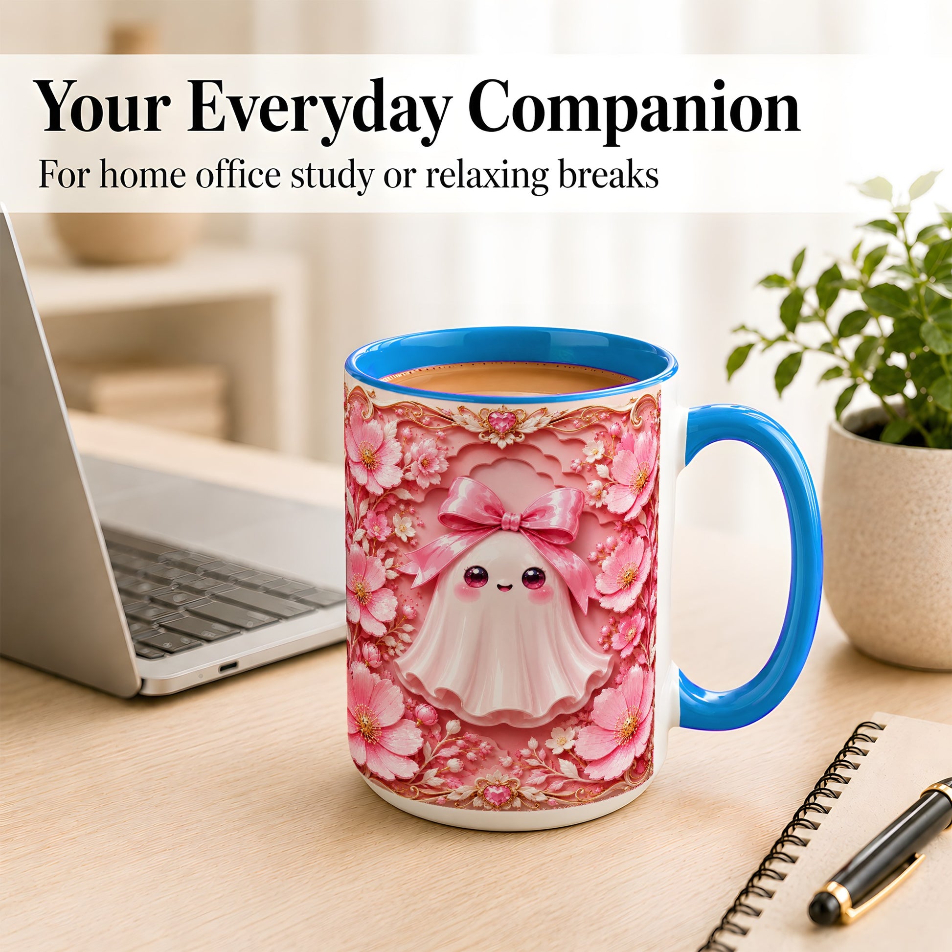 #pl[15oz|Blue] Pink Ghost Coffee Mug, Floral Bow Mug, Ceramic Cup with Garden Art