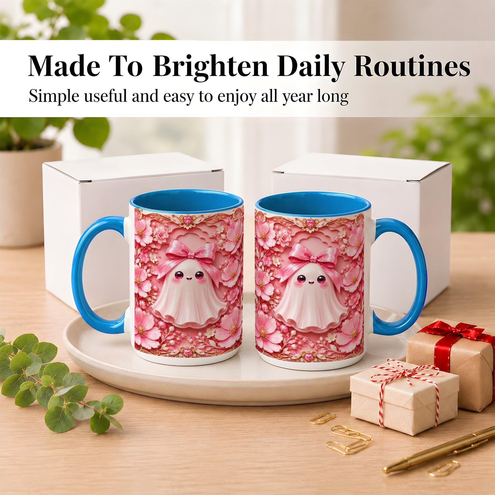 #pl[15oz|Blue] Pink Ghost Coffee Mug, Floral Bow Mug, Ceramic Cup with Garden Art