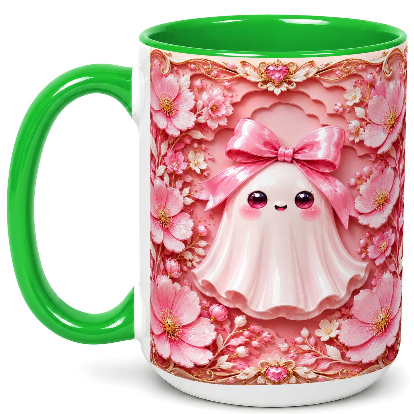 #pl[15oz|Green] Pink Ghost Coffee Mug, Floral Bow Mug, Ceramic Cup with Garden Art