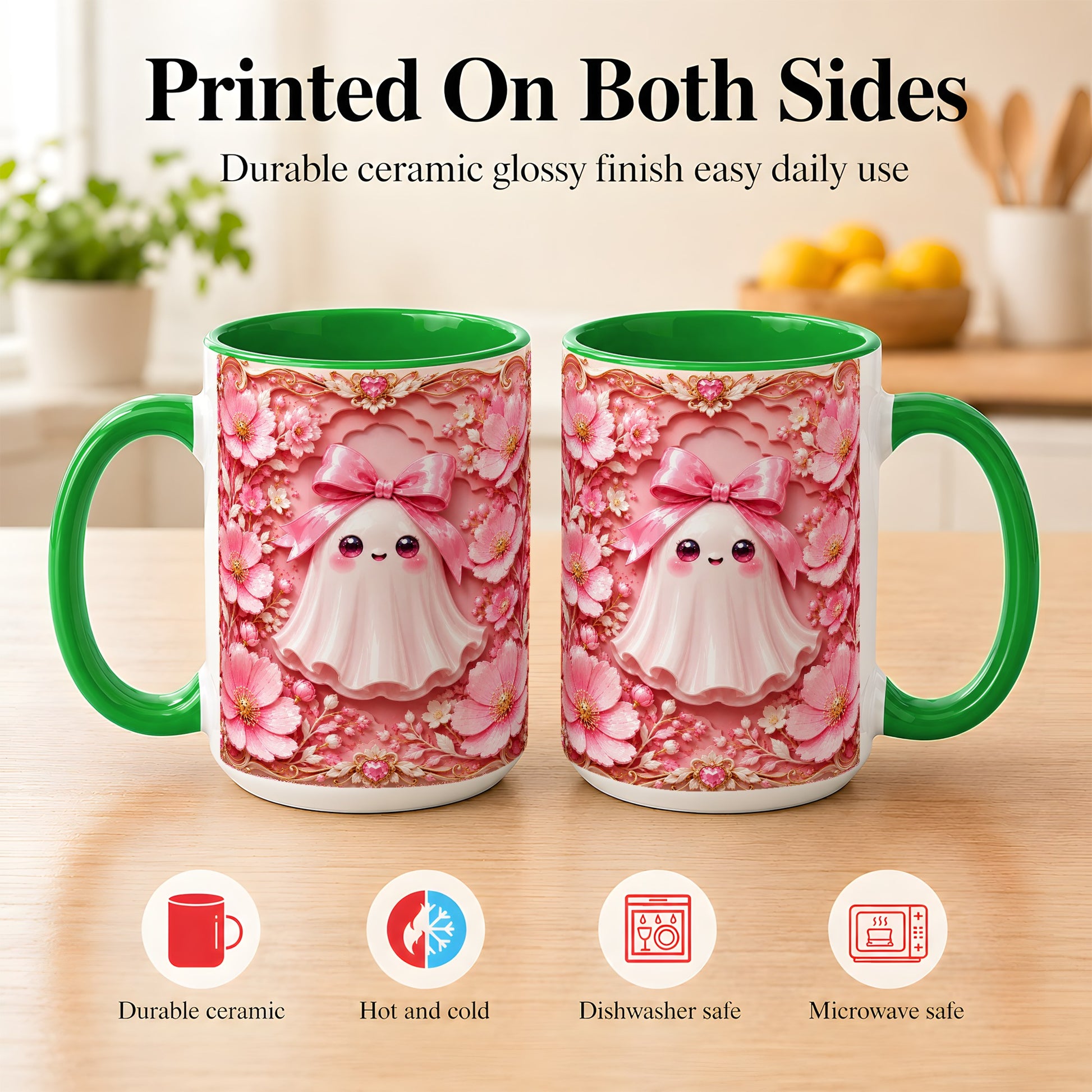 #pl[15oz|Green] Pink Ghost Coffee Mug, Floral Bow Mug, Ceramic Cup with Garden Art