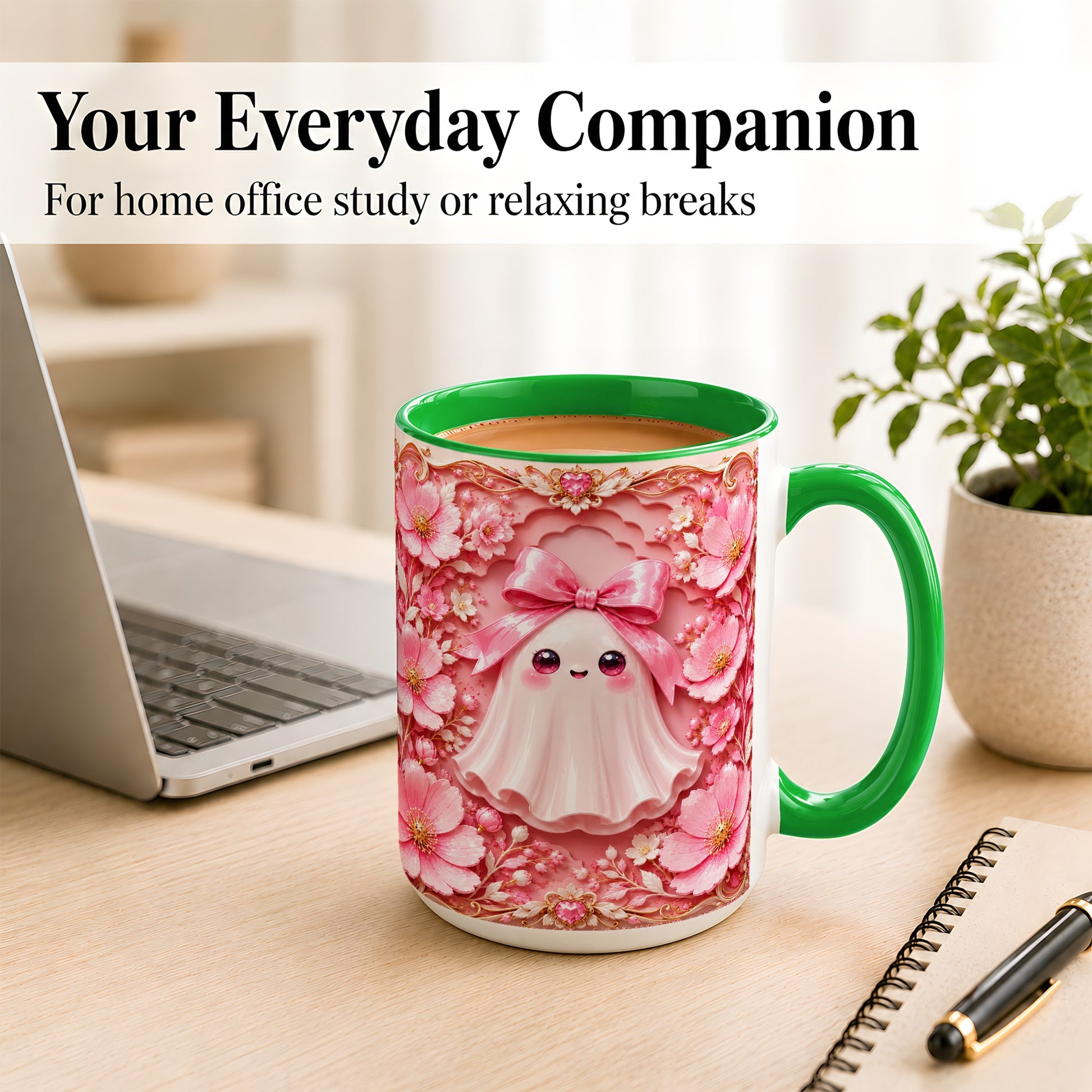 #pl[15oz|Green] Pink Ghost Coffee Mug, Floral Bow Mug, Ceramic Cup with Garden Art