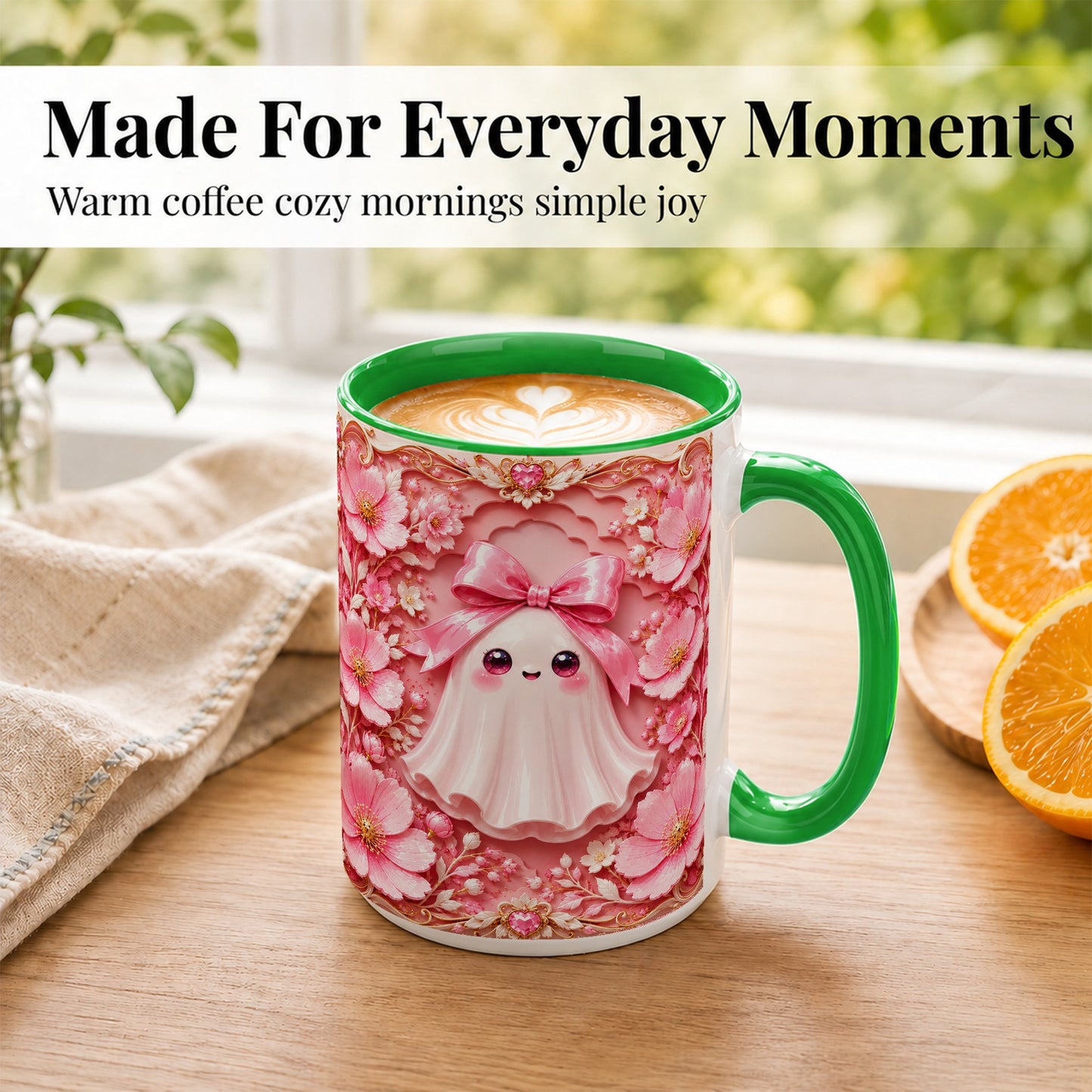 #pl[15oz|Green] Pink Ghost Coffee Mug, Floral Bow Mug, Ceramic Cup with Garden Art