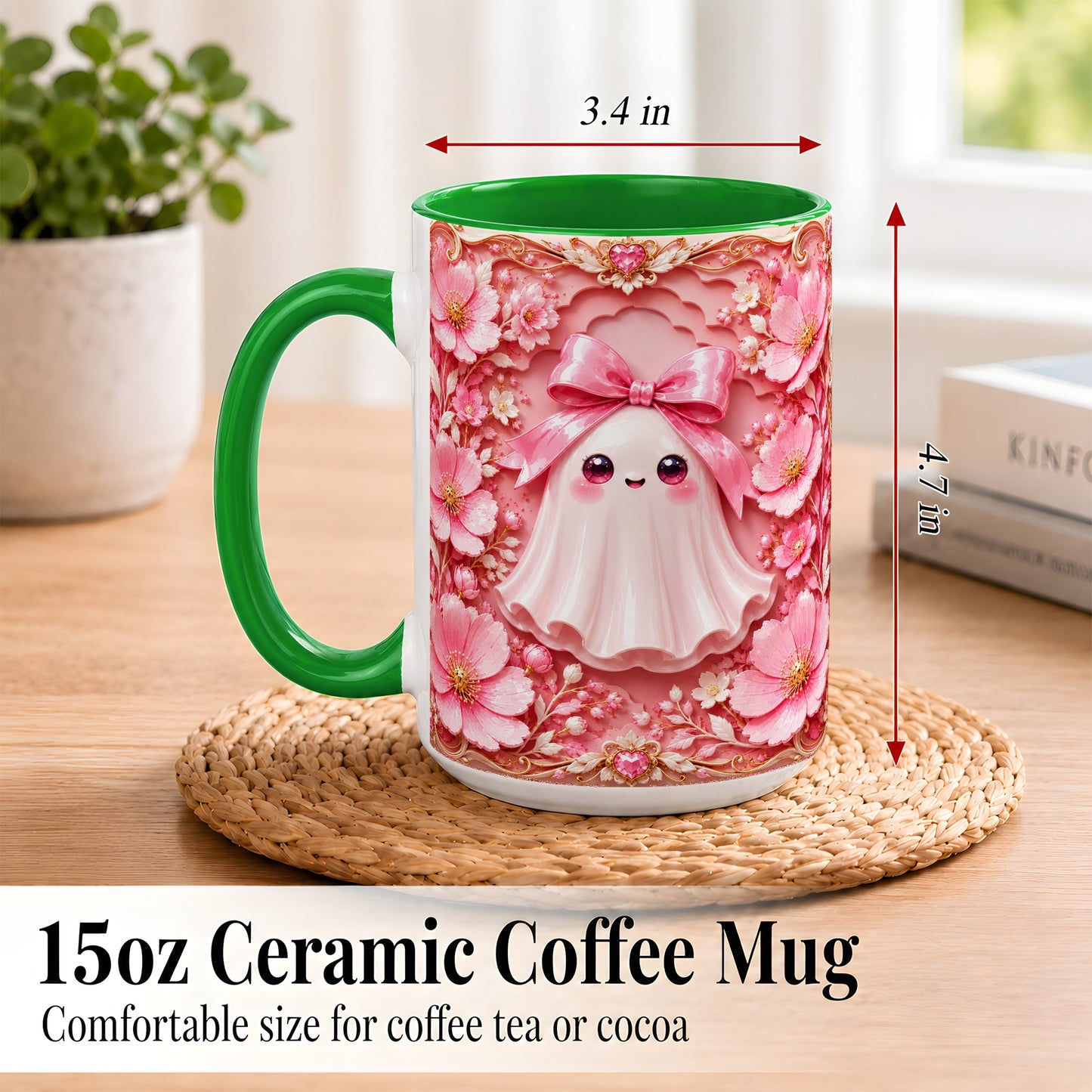 #pl[15oz|Green] Pink Ghost Coffee Mug, Floral Bow Mug, Ceramic Cup with Garden Art
