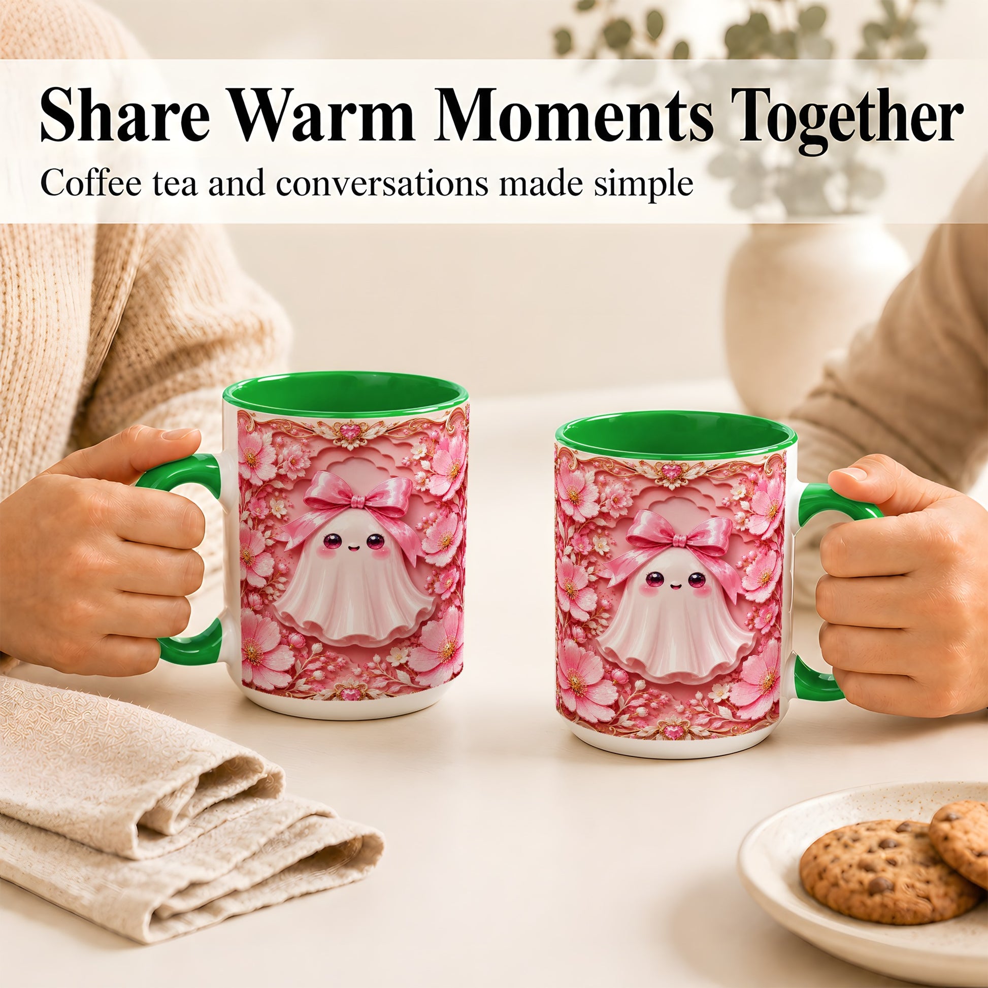 #pl[15oz|Green] Pink Ghost Coffee Mug, Floral Bow Mug, Ceramic Cup with Garden Art