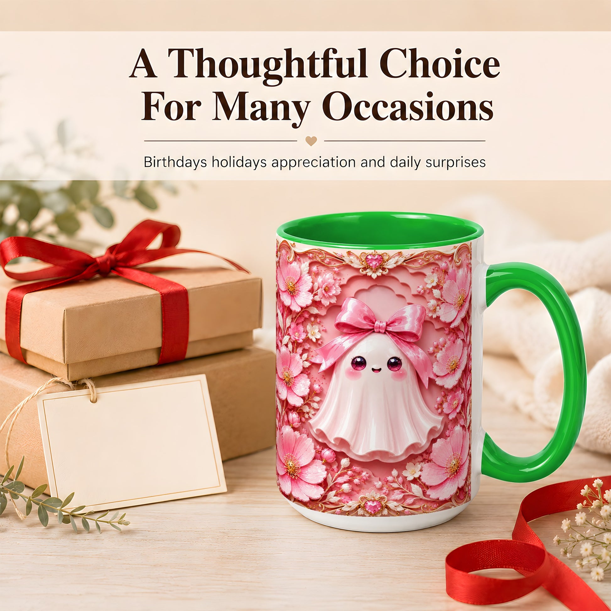 #pl[15oz|Green] Pink Ghost Coffee Mug, Floral Bow Mug, Ceramic Cup with Garden Art