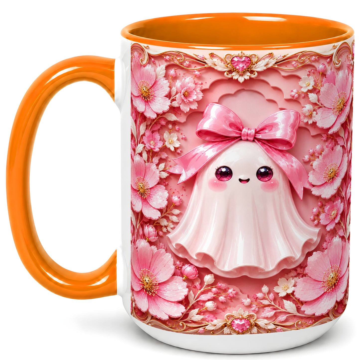 #pl[15oz|Orange] Pink Ghost Coffee Mug, Floral Bow Mug, Ceramic Cup with Garden Art