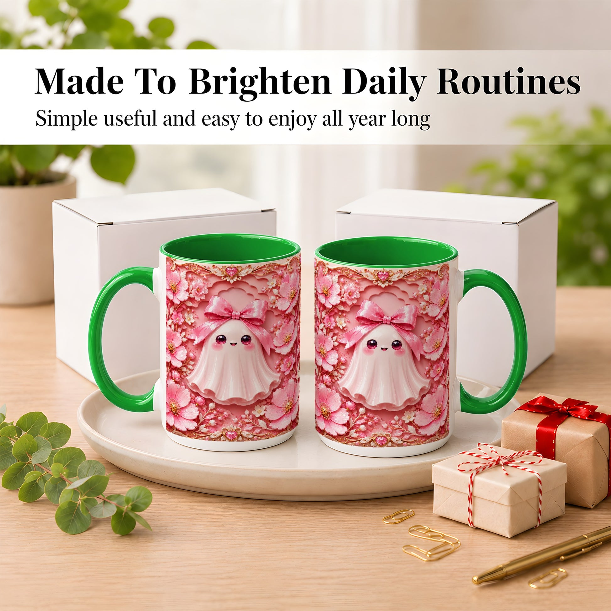 #pl[15oz|Green] Pink Ghost Coffee Mug, Floral Bow Mug, Ceramic Cup with Garden Art