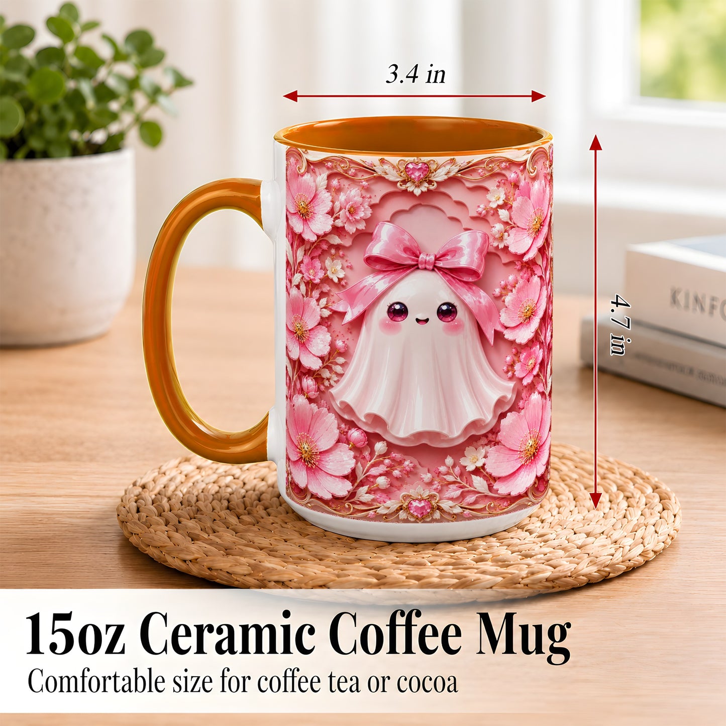 #pl[15oz|Orange] Pink Ghost Coffee Mug, Floral Bow Mug, Ceramic Cup with Garden Art