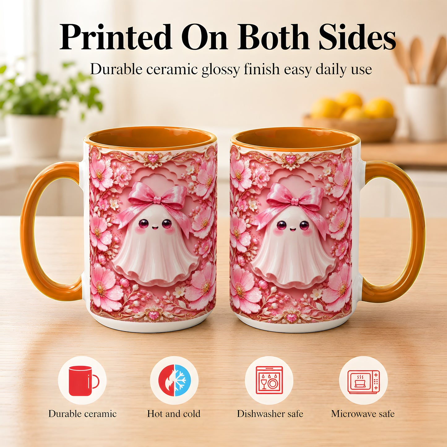 #pl[15oz|Orange] Pink Ghost Coffee Mug, Floral Bow Mug, Ceramic Cup with Garden Art