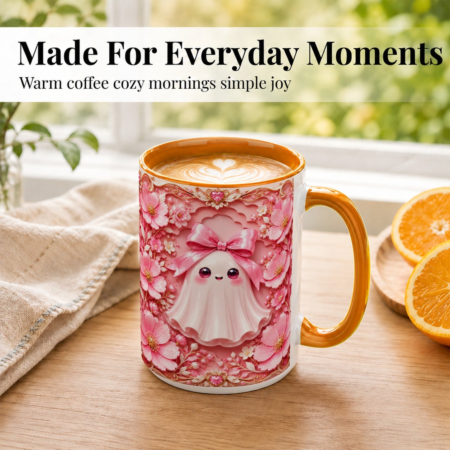 #pl[15oz|Orange] Pink Ghost Coffee Mug, Floral Bow Mug, Ceramic Cup with Garden Art