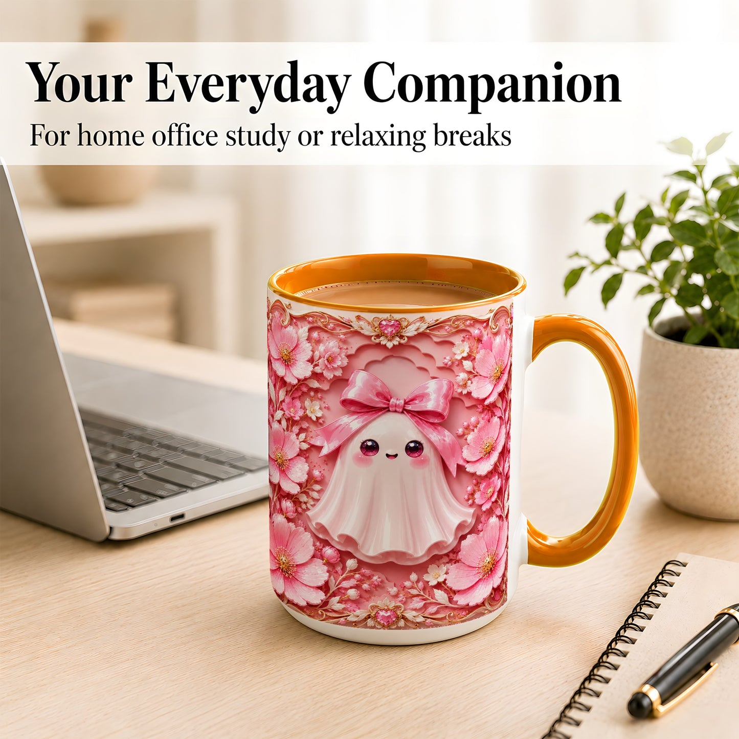 #pl[15oz|Orange] Pink Ghost Coffee Mug, Floral Bow Mug, Ceramic Cup with Garden Art