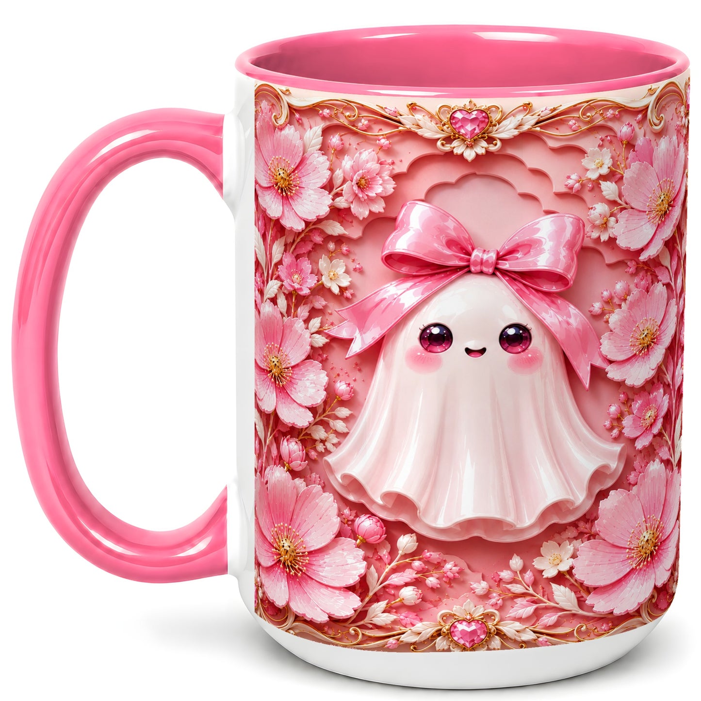 #pl[15oz|Pink] Pink Ghost Coffee Mug, Floral Bow Mug, Ceramic Cup with Garden Art
