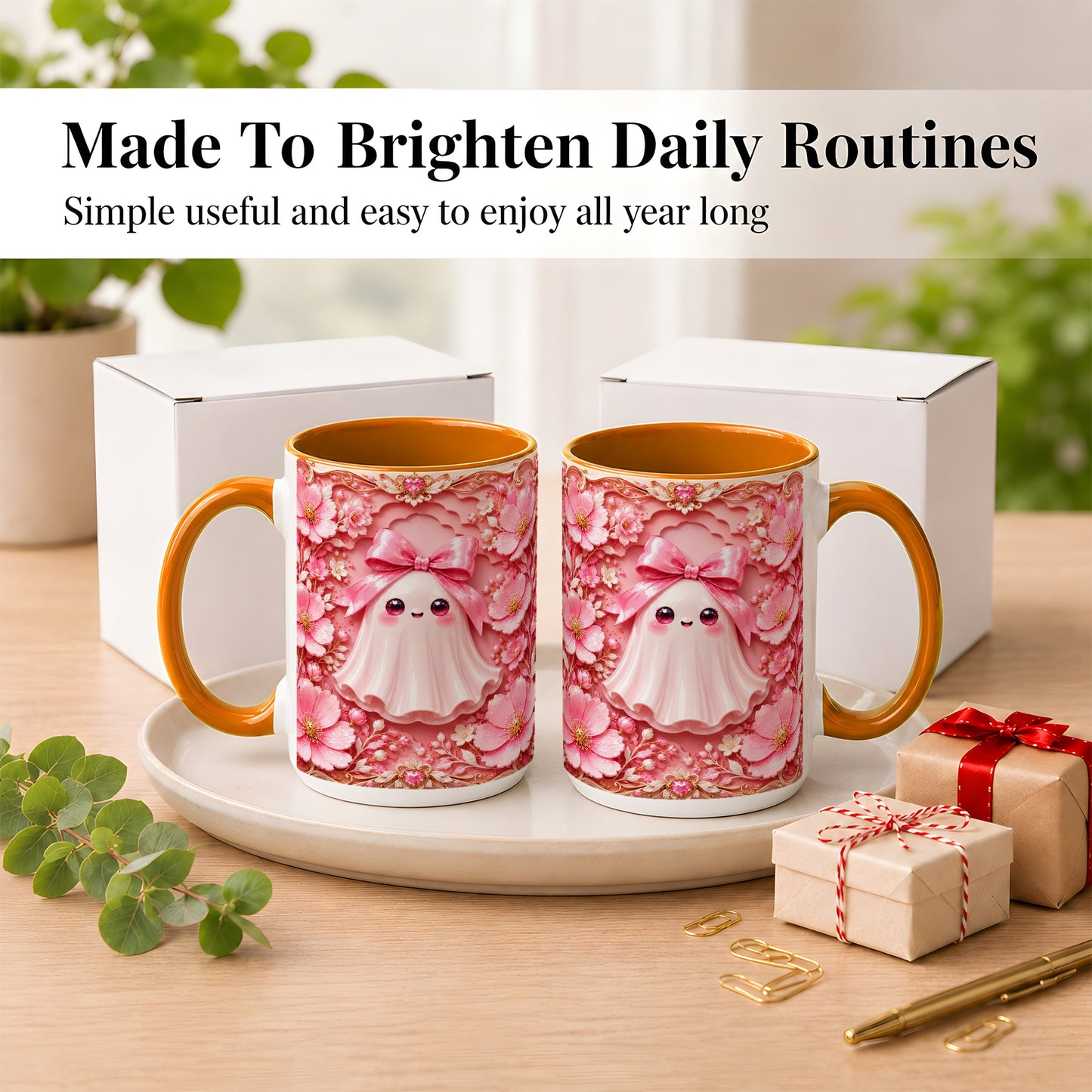 #pl[15oz|Orange] Pink Ghost Coffee Mug, Floral Bow Mug, Ceramic Cup with Garden Art