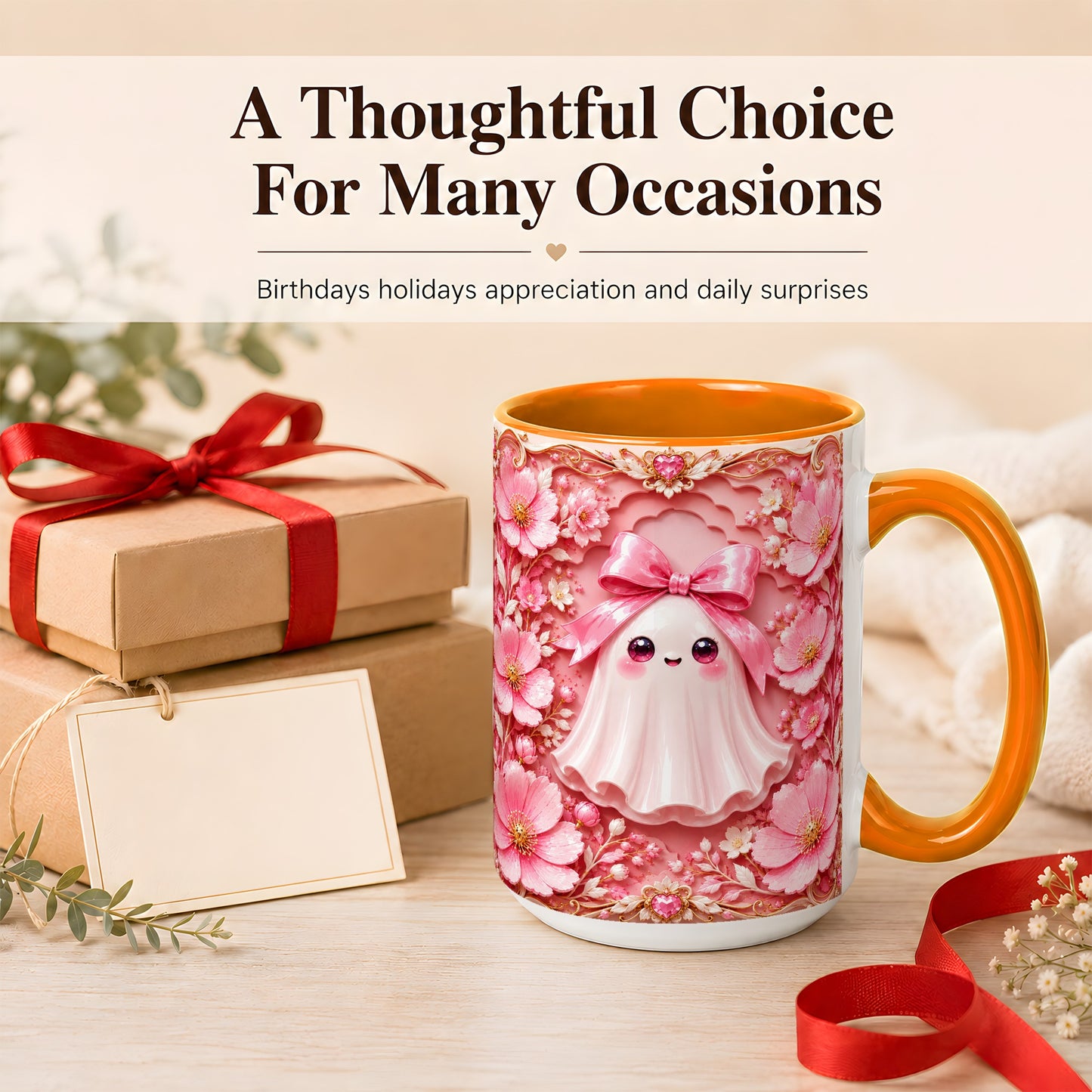 #pl[15oz|Orange] Pink Ghost Coffee Mug, Floral Bow Mug, Ceramic Cup with Garden Art