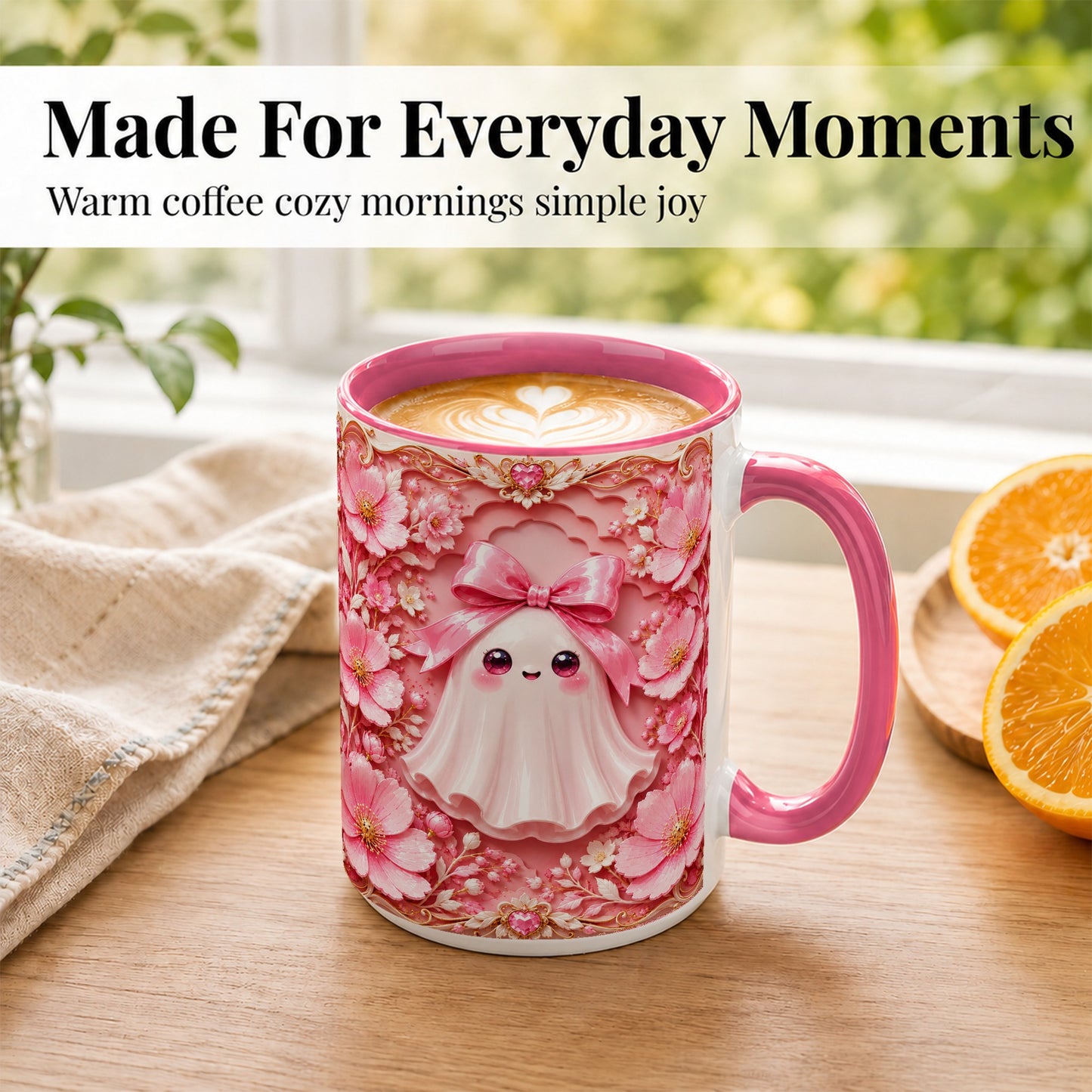 #pl[15oz|Pink] Pink Ghost Coffee Mug, Floral Bow Mug, Ceramic Cup with Garden Art